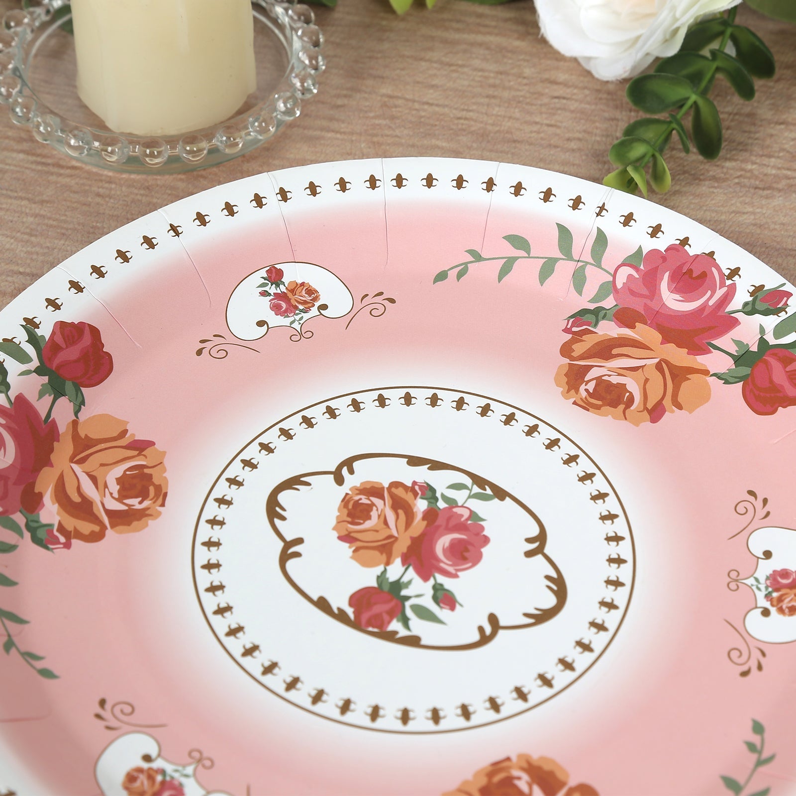 25-Pack Paper 9 Round Dinner Plates in Dusty Rose with Vintage Rose Flower Print - Disposable Plates