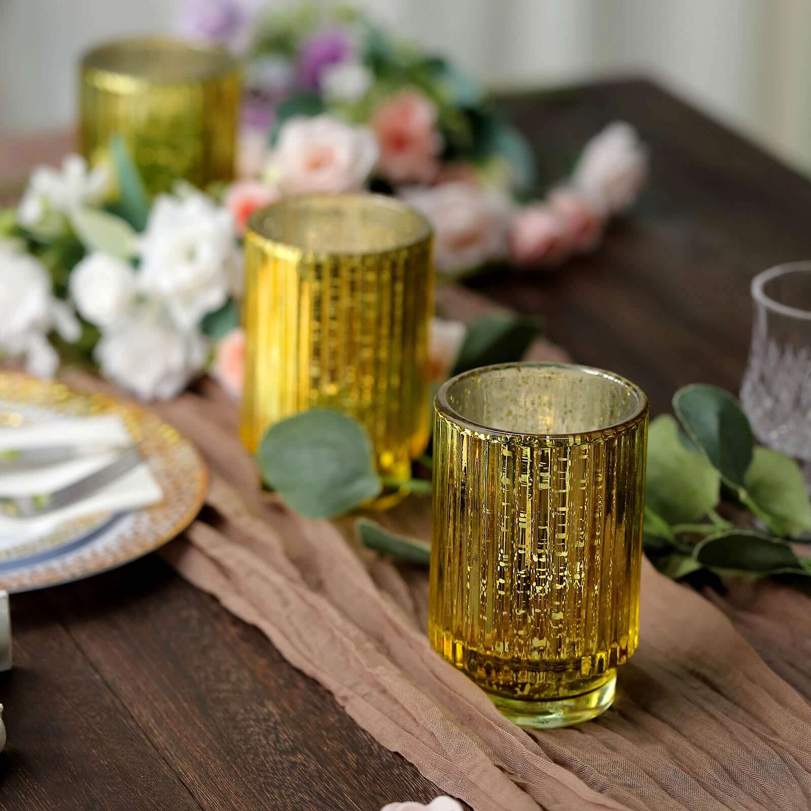 3-Pack Mercury Glass Hurricane Candle Holders Gold Wavy Column Design - Votive Pillar Vase 5