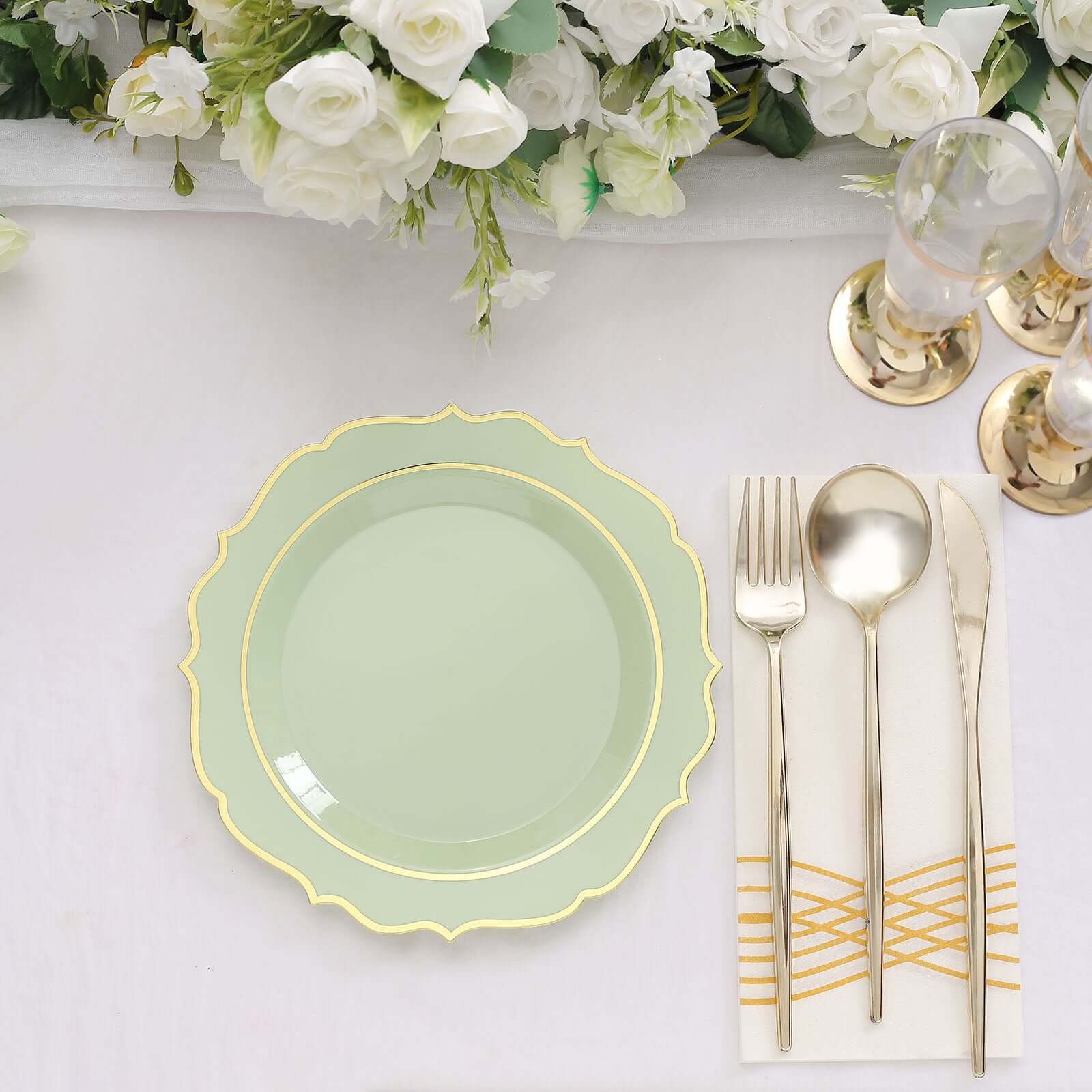 10-Pack Plastic 8 Round Desert Plates in Sage Green with Gold Scalloped Rim - Disposable Appetizer/Salad Plates