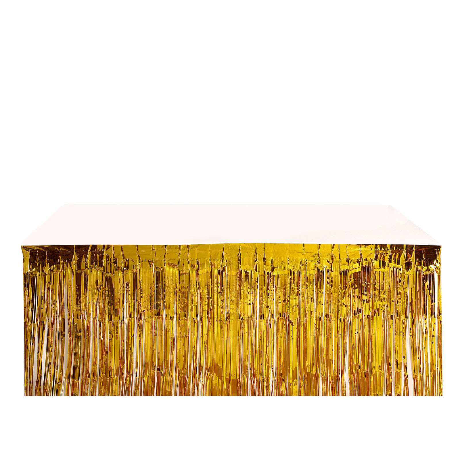 Metallic Foil Fringe Table Skirt Gold with Self Adhesive Backing - Durable Tinsel Skirt for Parties 30x9ft