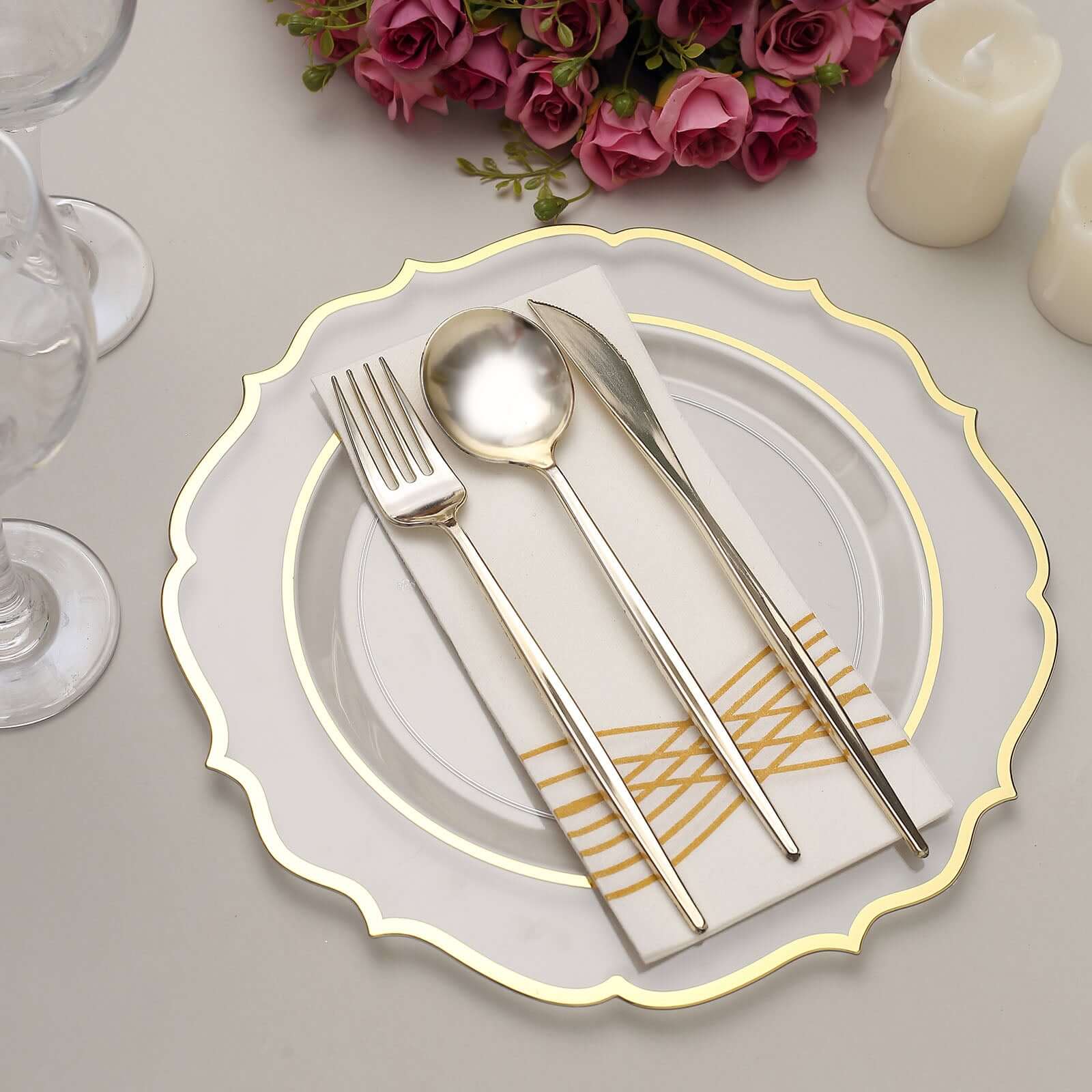 10-Pack Plastic 10 Round Dinner Plates in Clear with Gold Scalloped Rim - Disposable Party Plates