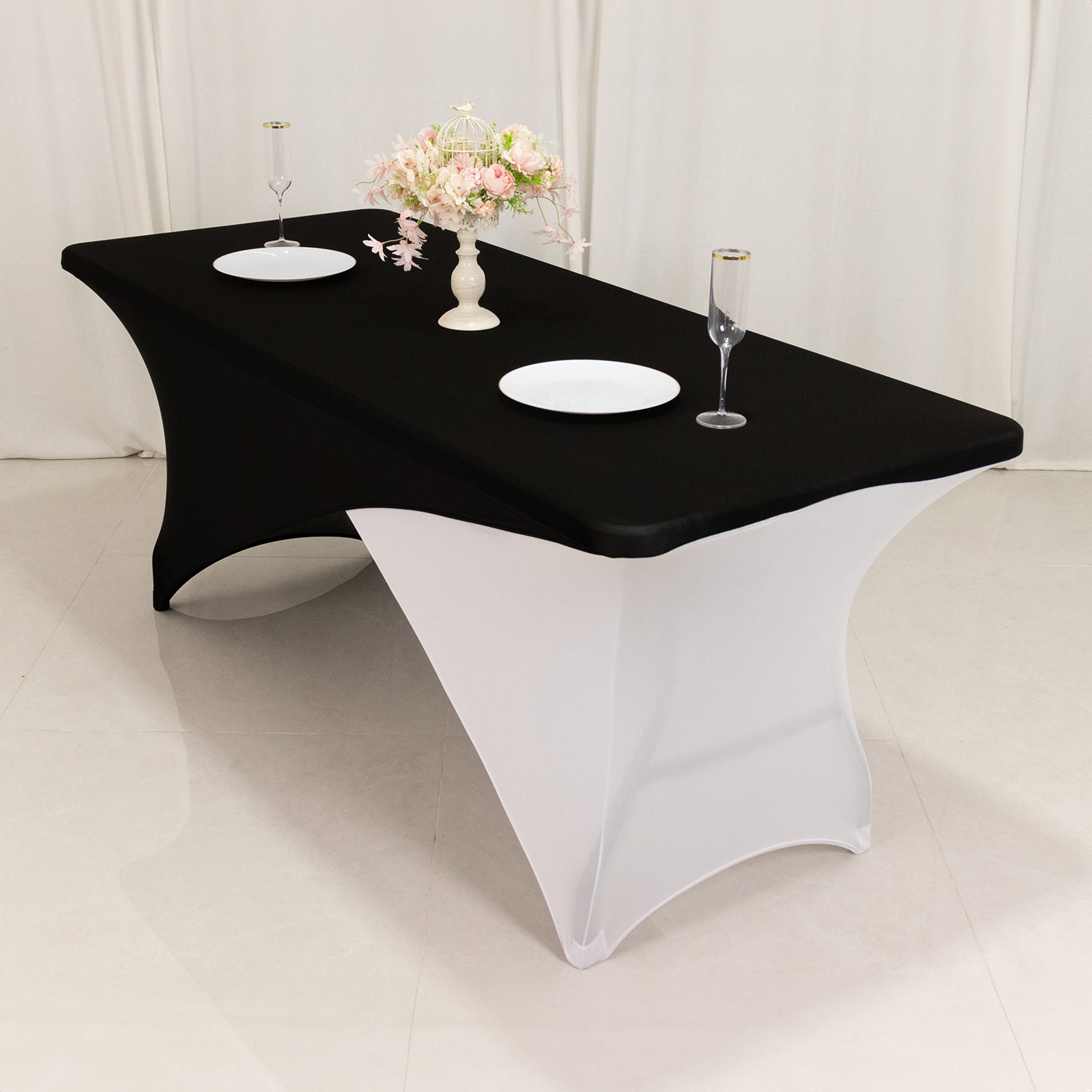 Stretch Spandex 72x30 Rectangle Table Cover Black/White Cross Over Design - Versatile & Sleek Two-Piece Fitted Tablecloth with Elastic Foot Pockets