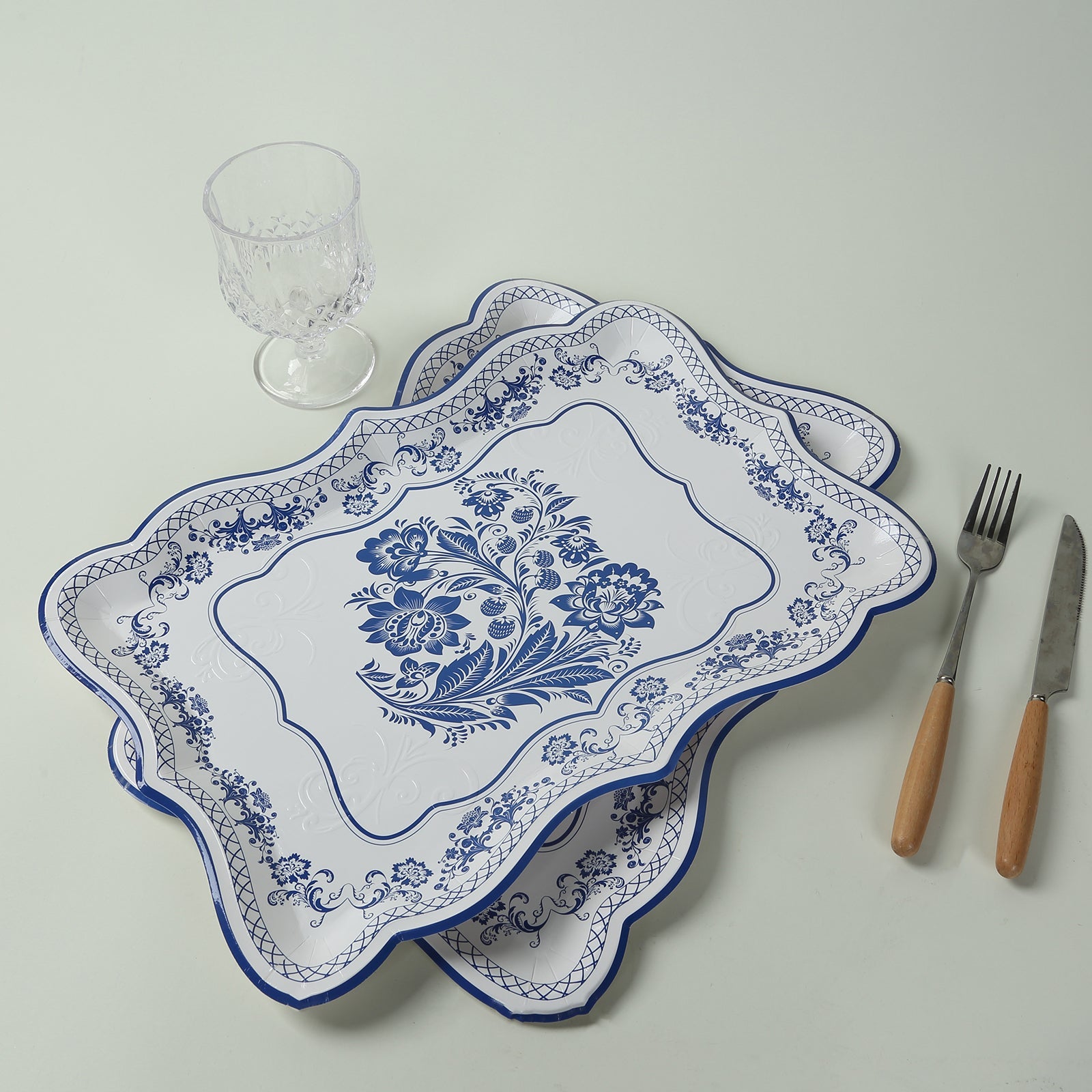 10-Pack Paper 14x10 Rectangle Serving Trays White Royal Blue Damask Floral Pattern - Heavy Duty Disposable 400GSM Cardboard Party Platters for Weddings & Parties