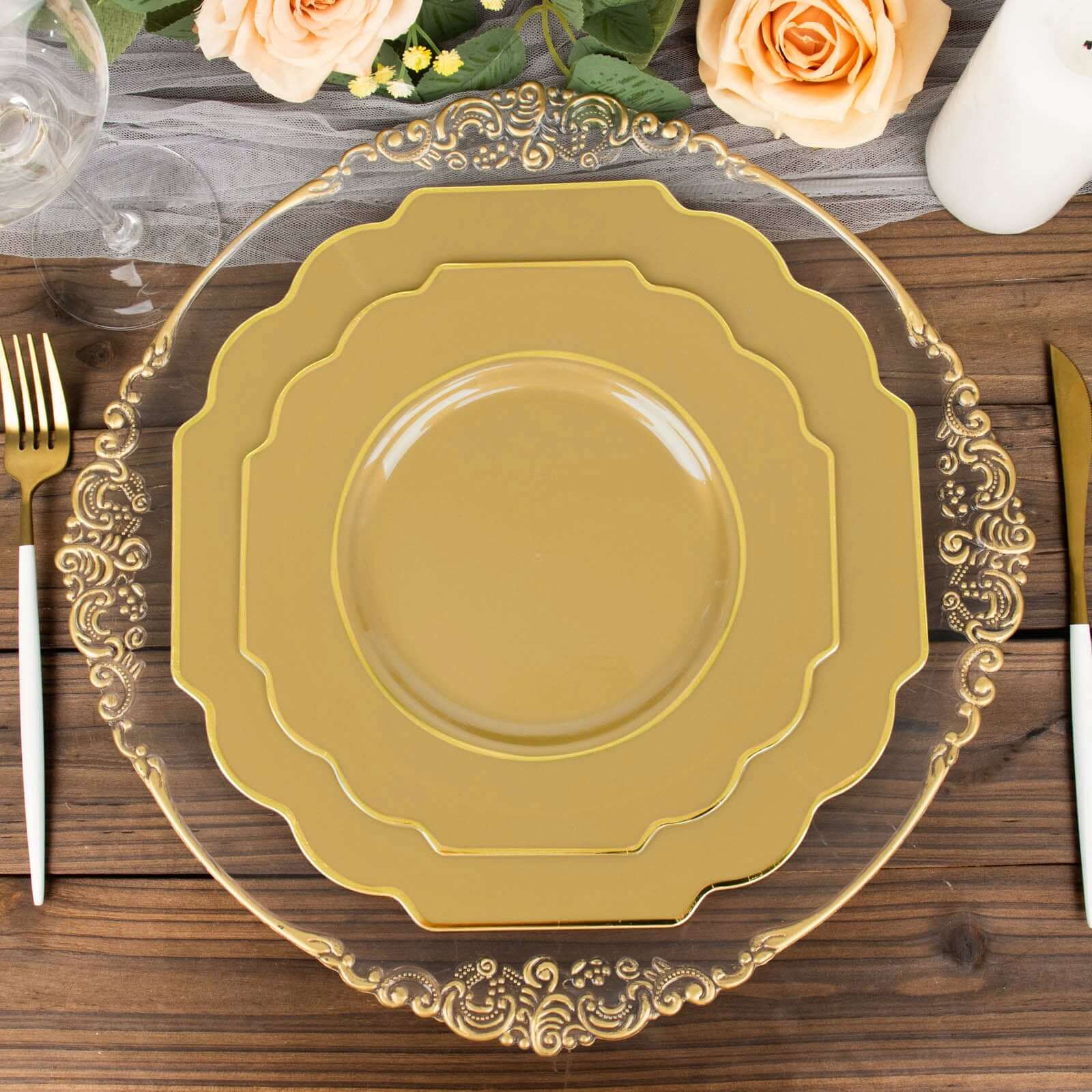 10-Pack Plastic Dinner Plates in Gold Baroque Design with Scalloped Gold Rim - Heavy Duty Disposable Party Plates for Events & Banquets 11