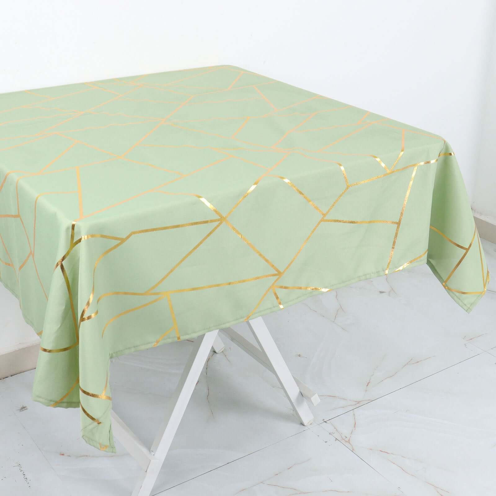 Polyester 54x54 Square Tablecloth Sage Green with Gold Foil Geometric Pattern - Wrinkle-Resistant & Durable for Stylish Settings