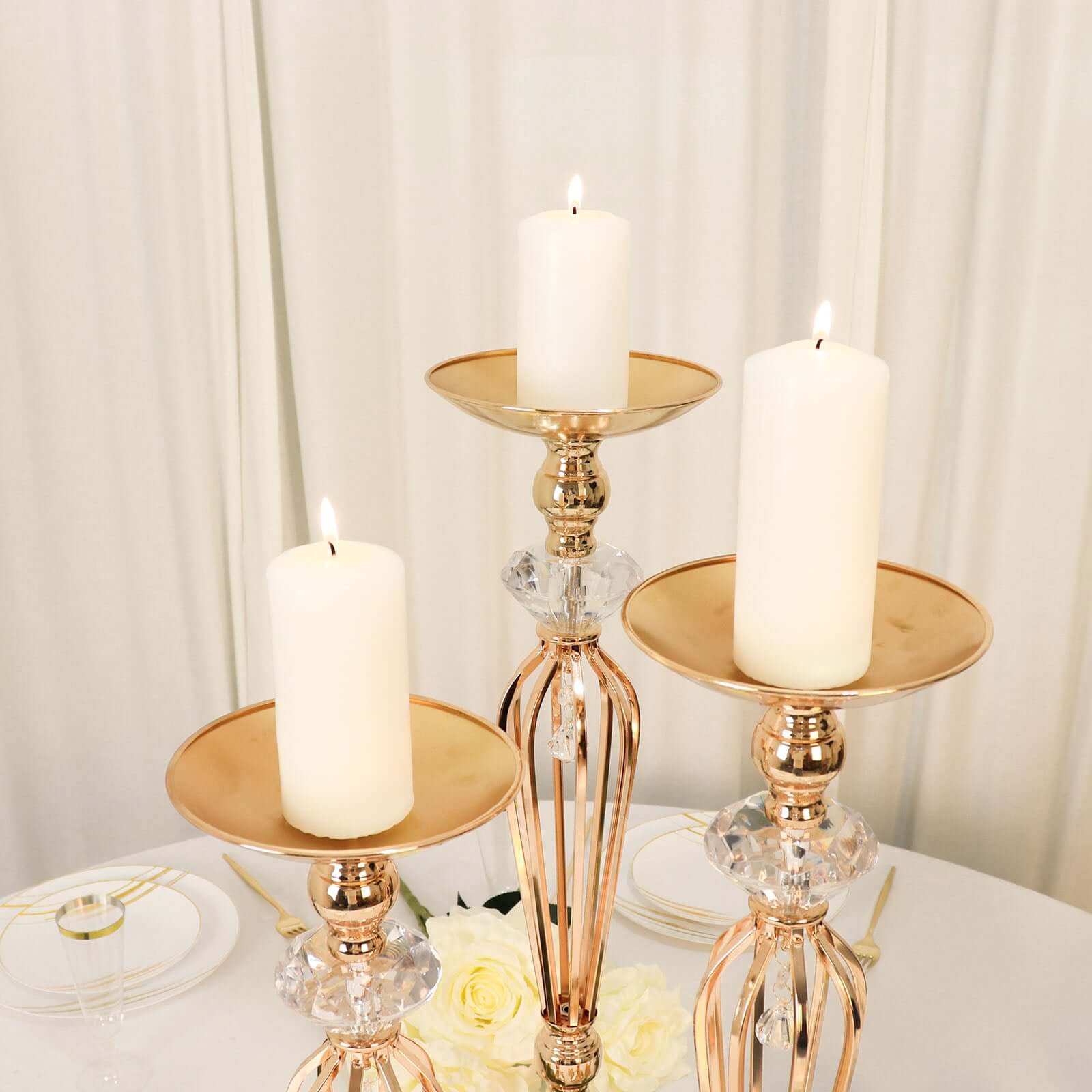 Set of 3 Metal Pedestal Stands with Crystal Ball Flower Bowl Design Gold - Pillar Candle Holders 20, 23, 25