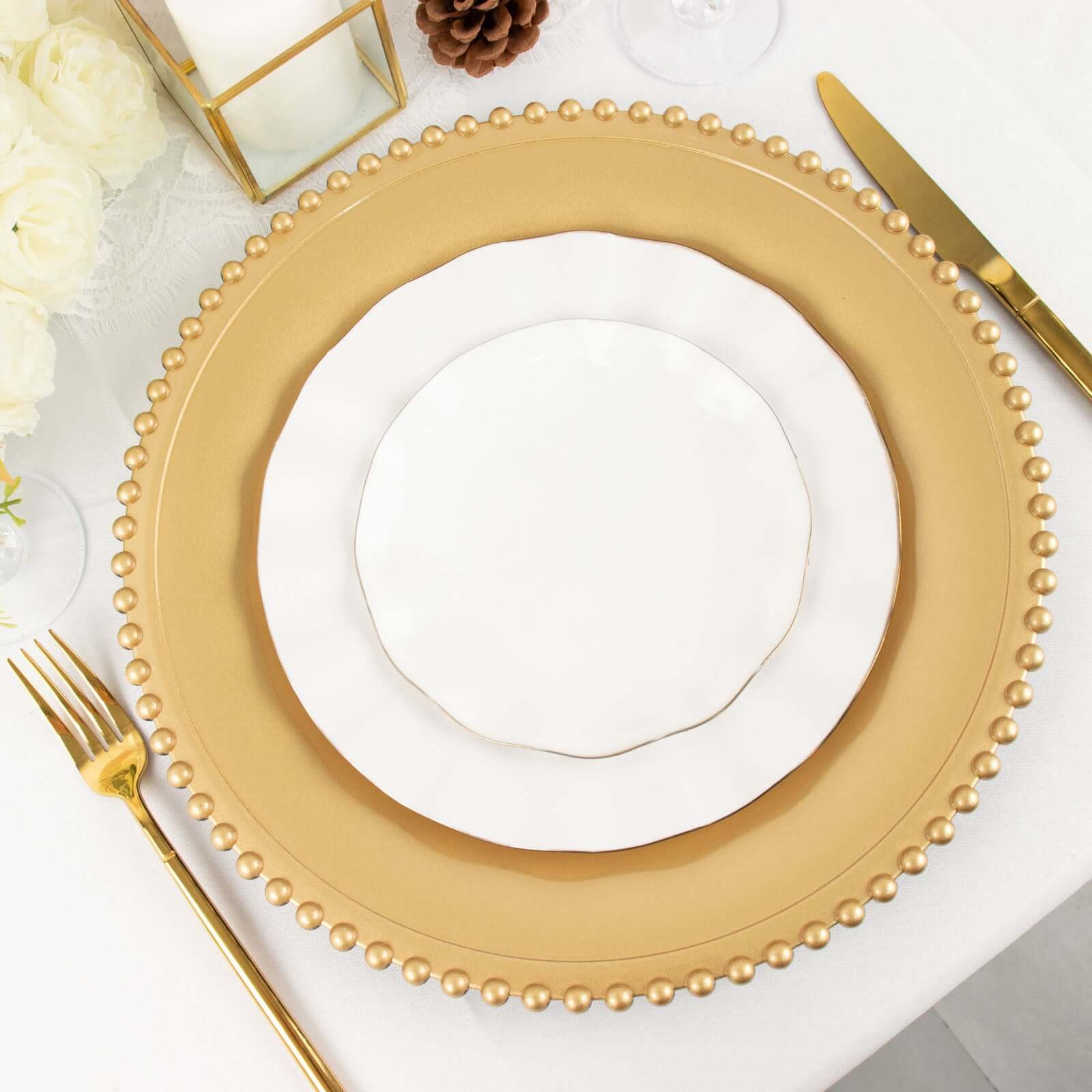 6-Pack Acrylic Round Charger Plates 13 in Gold with Beaded Rim, Decorative Dinner Party Charger Tableware