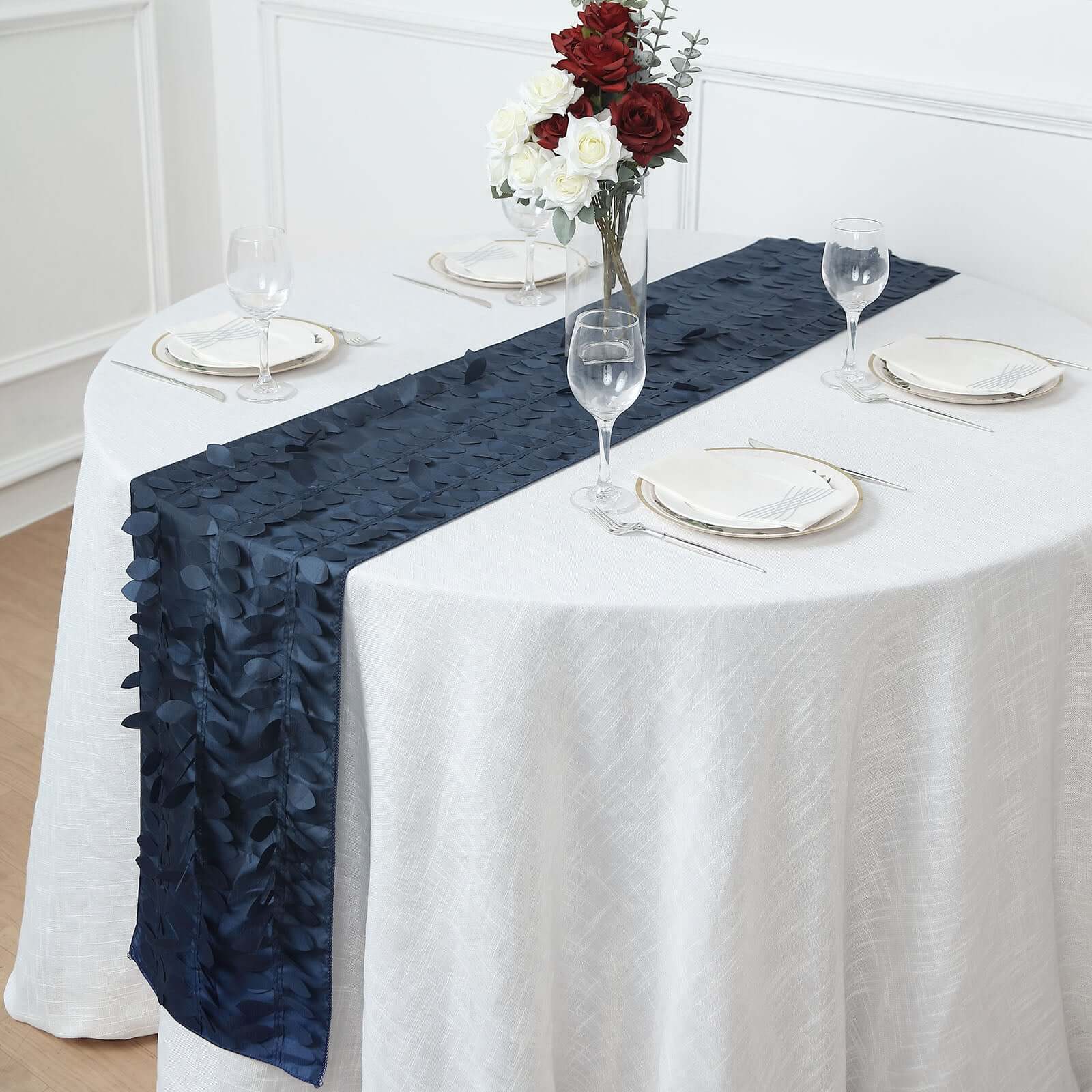 Taffeta Fabric 12x108 Table Runner Navy Blue - 3D Leaf Petal Design