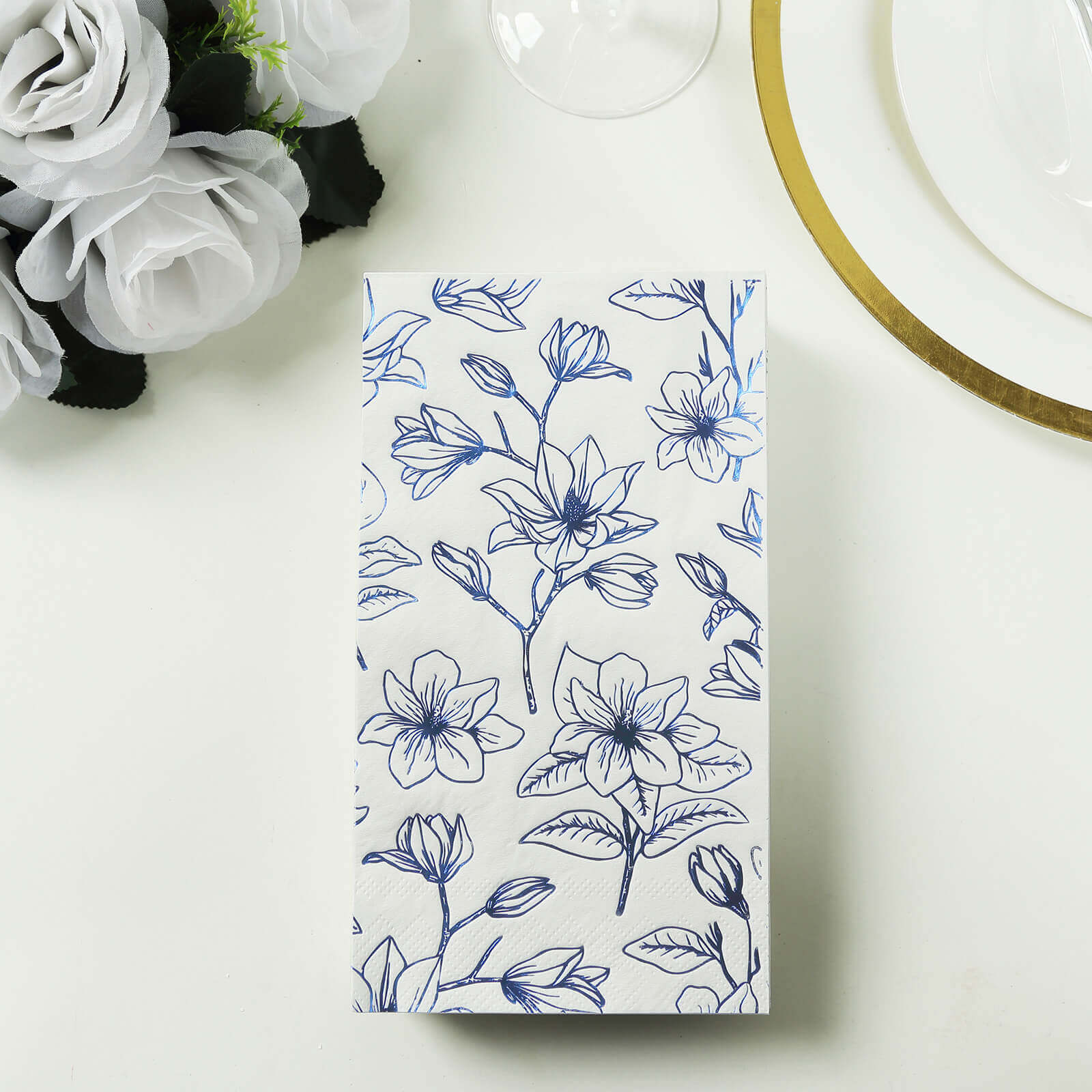 50-Pack Paper Dinner Napkins White with Blue Magnolia Flowers Print 2-Ply - Disposable Soft Napkins for Parties