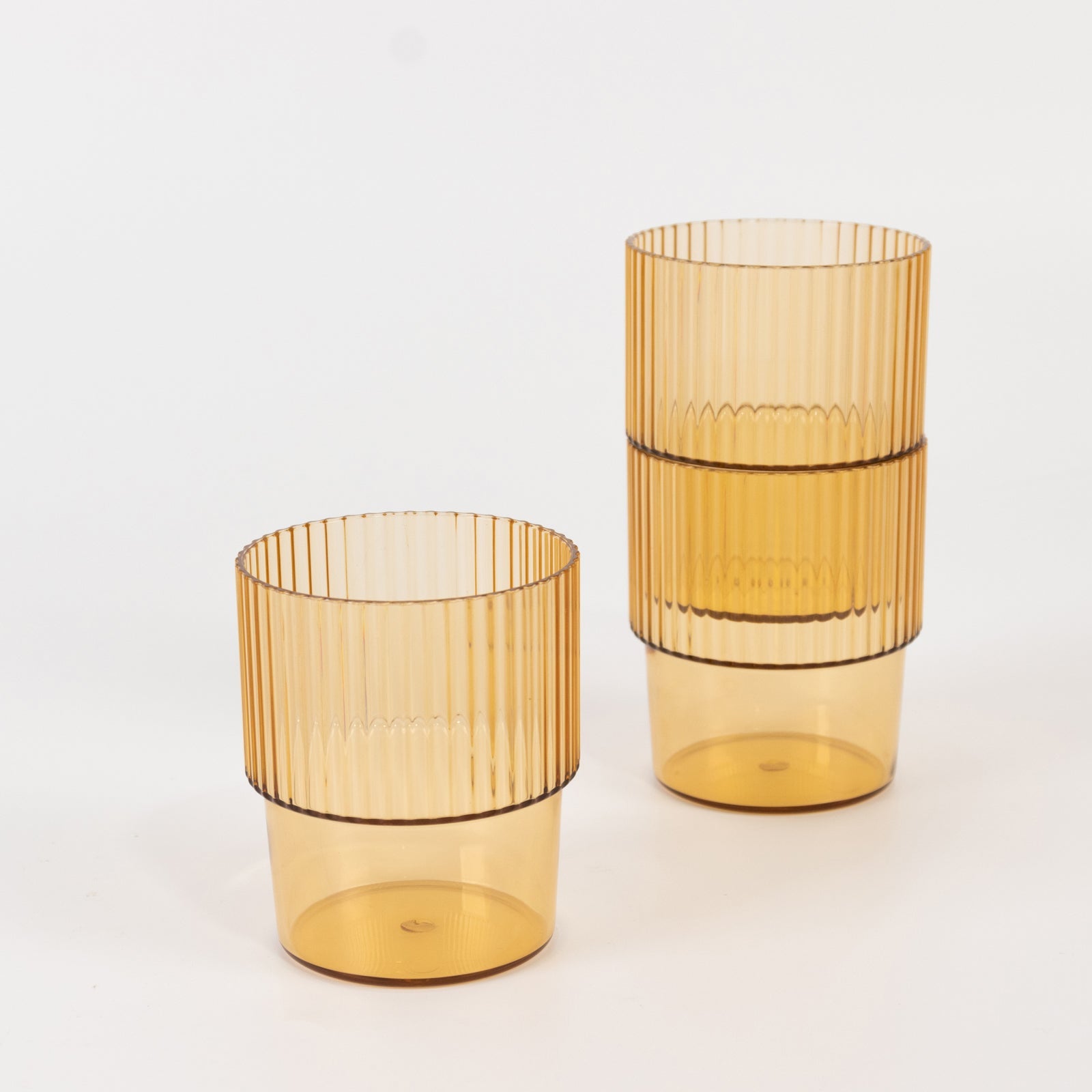 12-Pack Plastic Short Drinking Glasses Amber Gold Ribbed Pattern Stackable - Reusable Tumblers 7oz