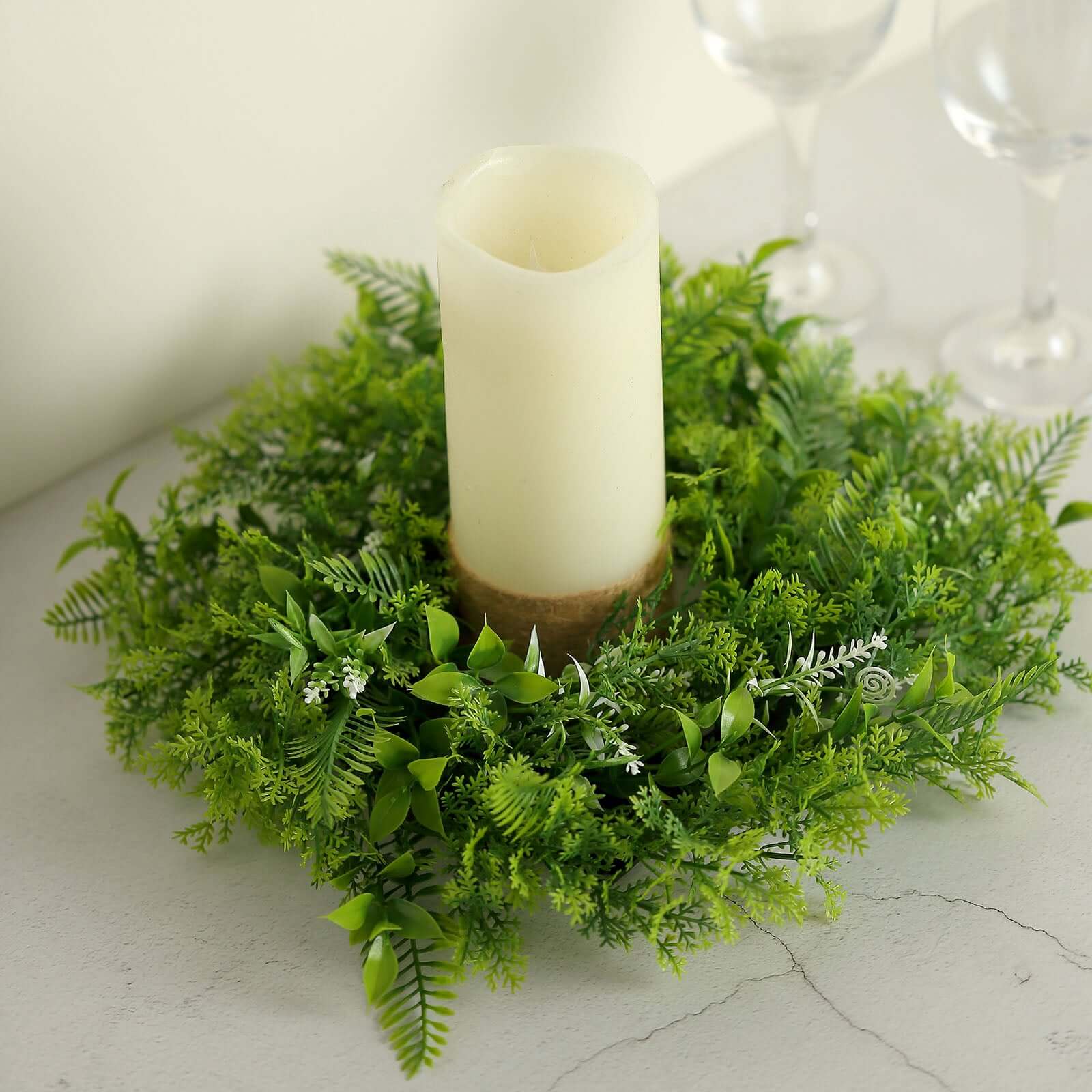 2 Pack 4 Green Artificial Fern Leaf Mix Pillar Candle Ring Wreaths