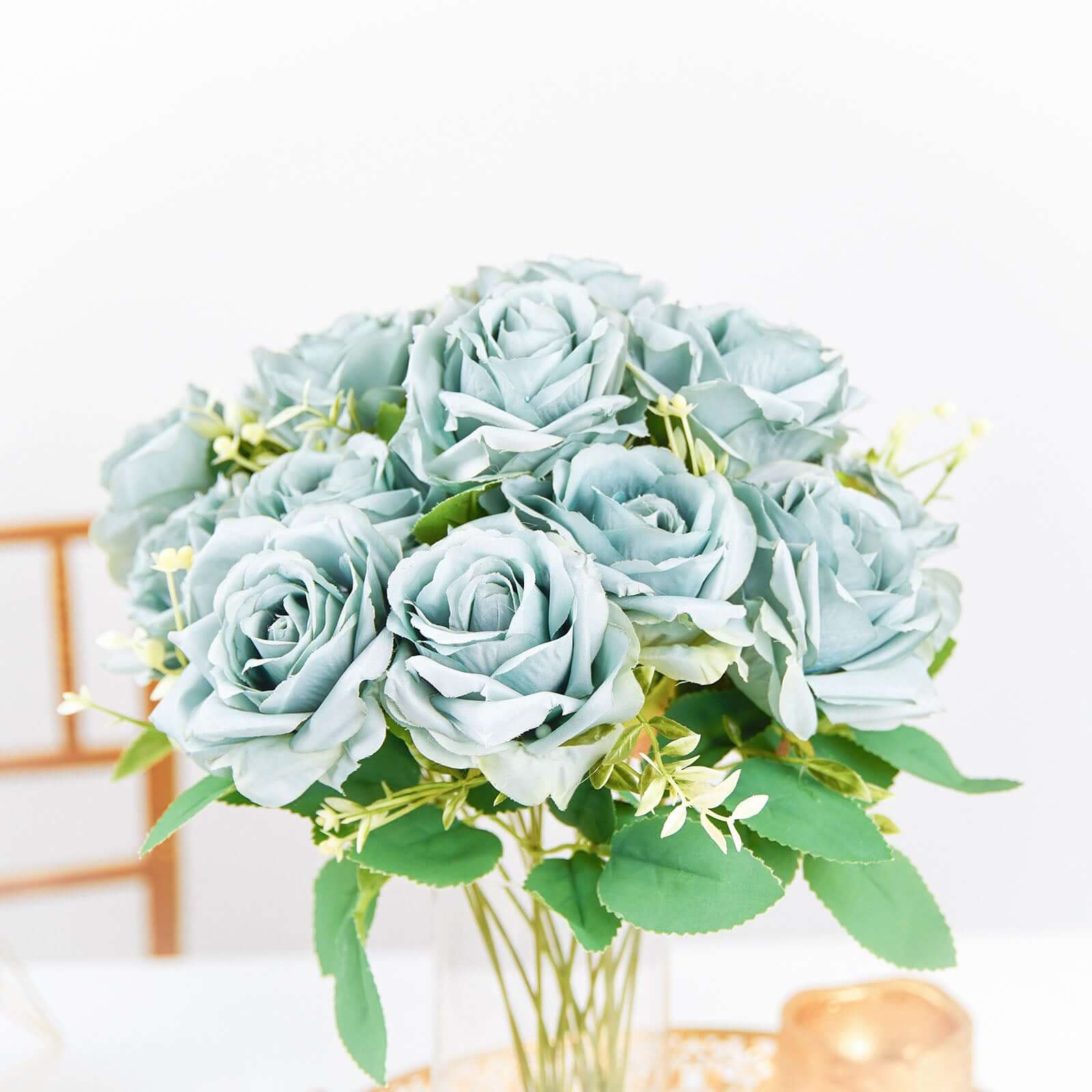 2 Bushes 18 Real Touch Dusty Blue Artificial Rose Flower Bouquet, Silk Long Stem Flower Arrangements