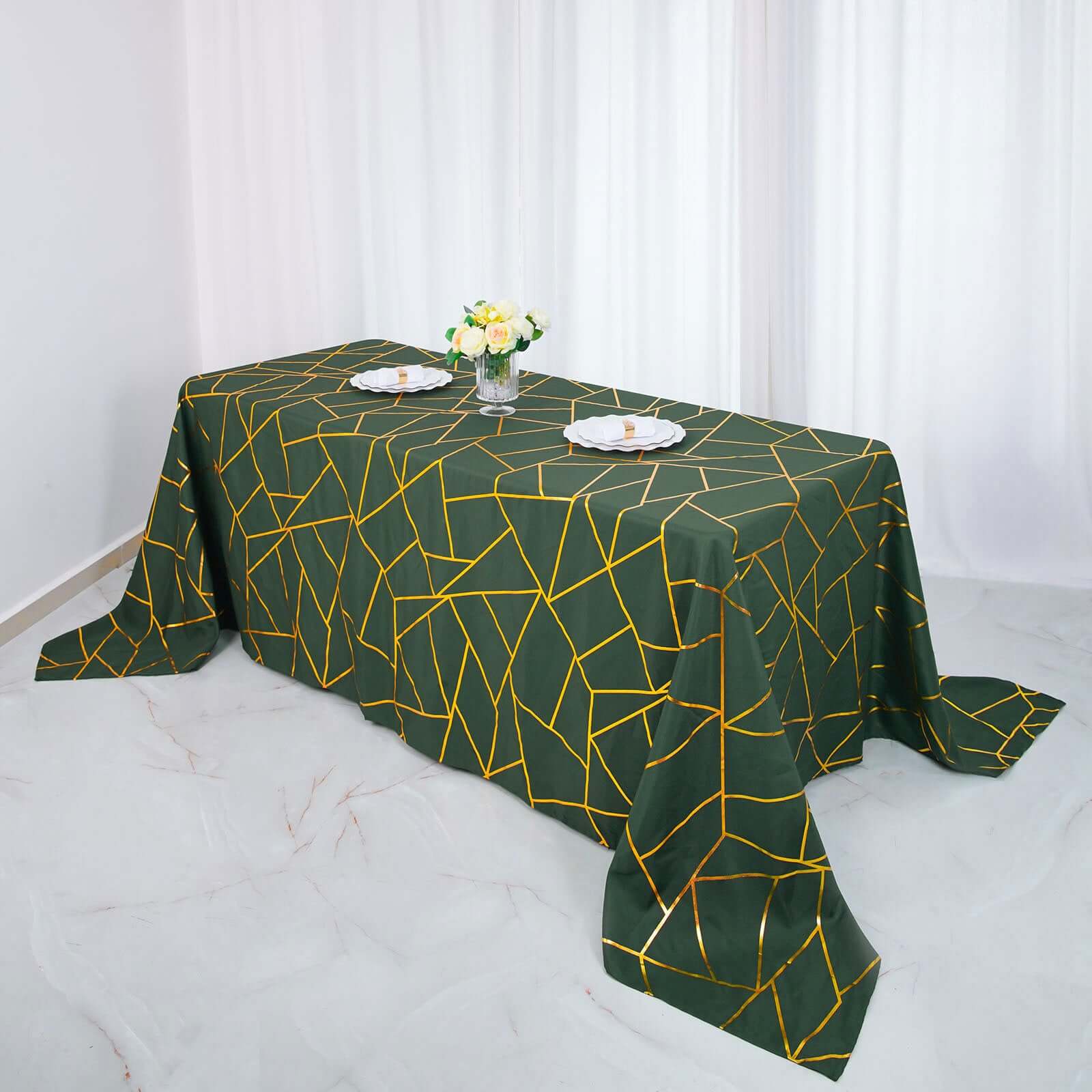 Polyester 90x132 Rectangle Tablecloth Hunter Emerald Green with Gold Foil Geometric Pattern - Wrinkle-Resistant Seamless Table Cover