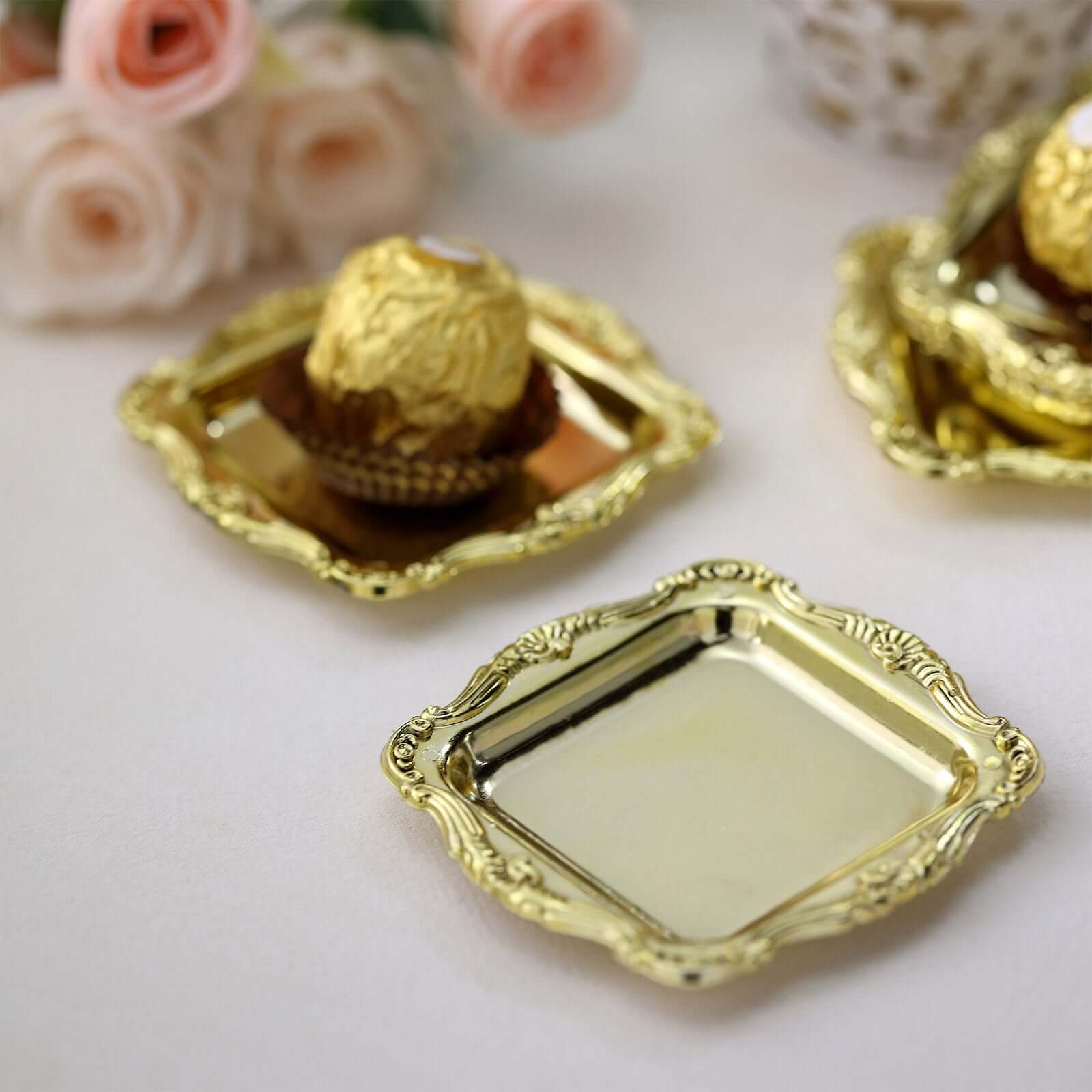 12 Pack 3 Gold Baroque Mini Square Sweet Treats Serving Platter, Party Favor Candy Display Tray