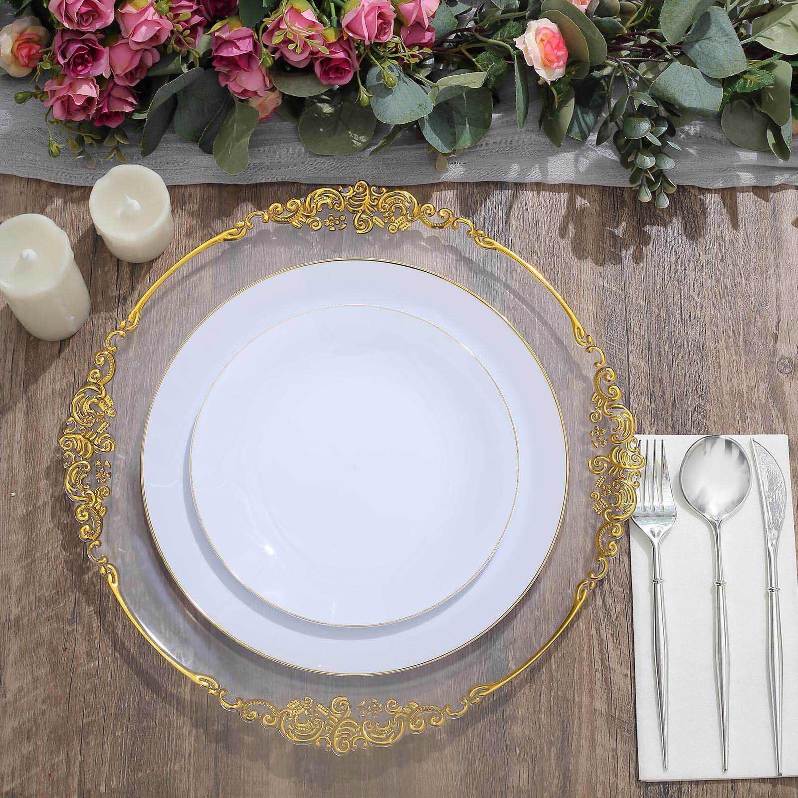 10-Pack Plastic 10 Round Dinner Plates in White with Gold Rim - Glossy Disposable Party Plates for Banquets & Special Occasions