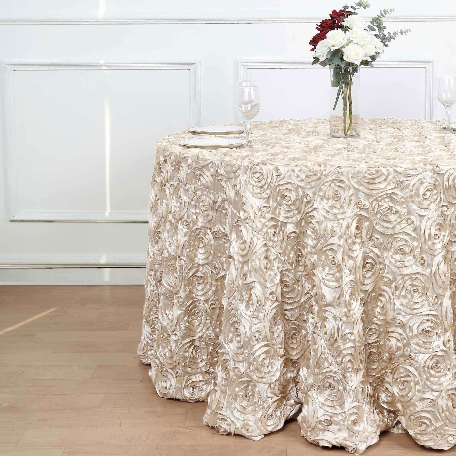 Satin 120 Round Tablecloth Beige - Grandiose 3D Rosette with Seamless Finish Table Cover