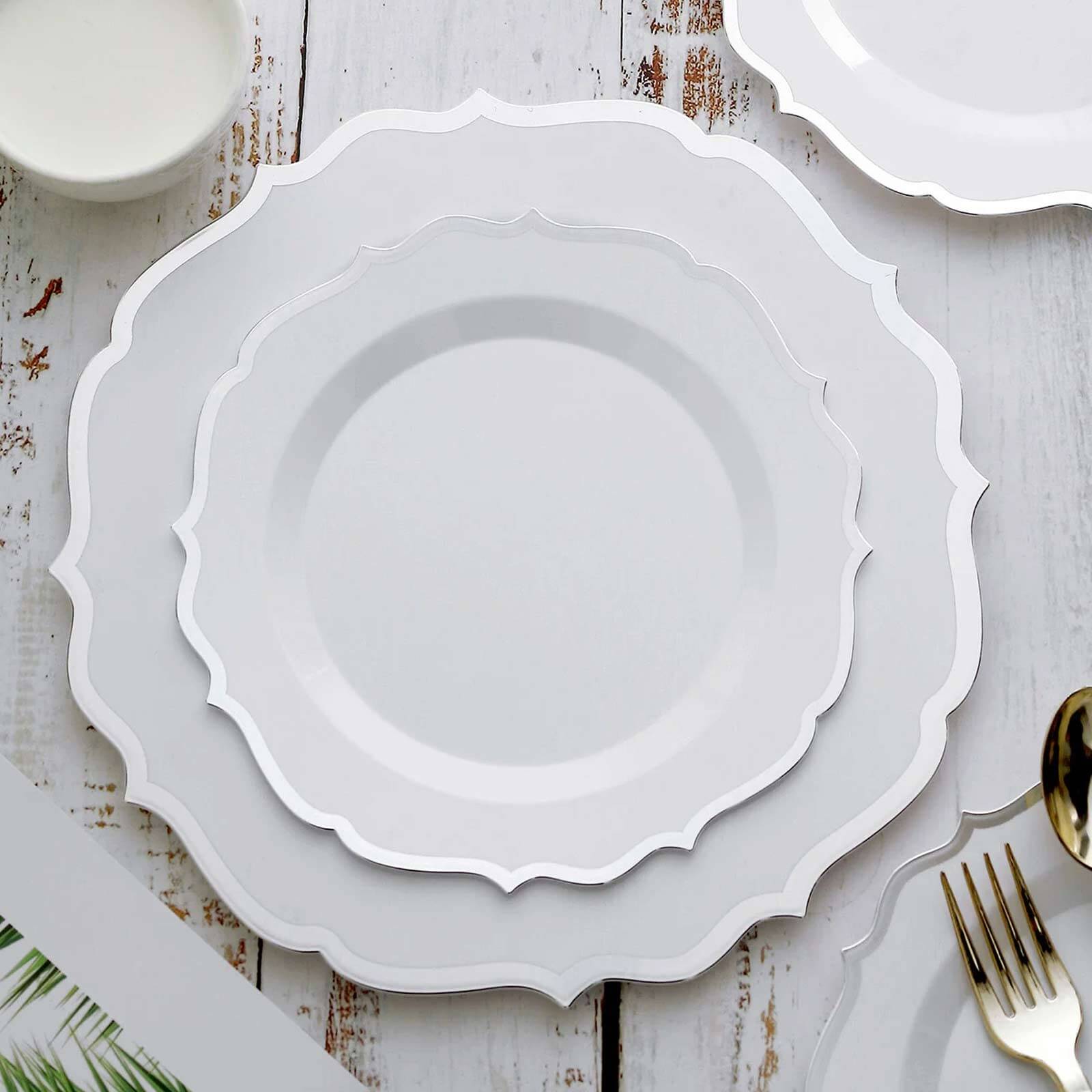 10-Pack Plastic 8 Round Desert Plates in White with Silver Scalloped Rim - Disposable Appetizer/Salad Plates