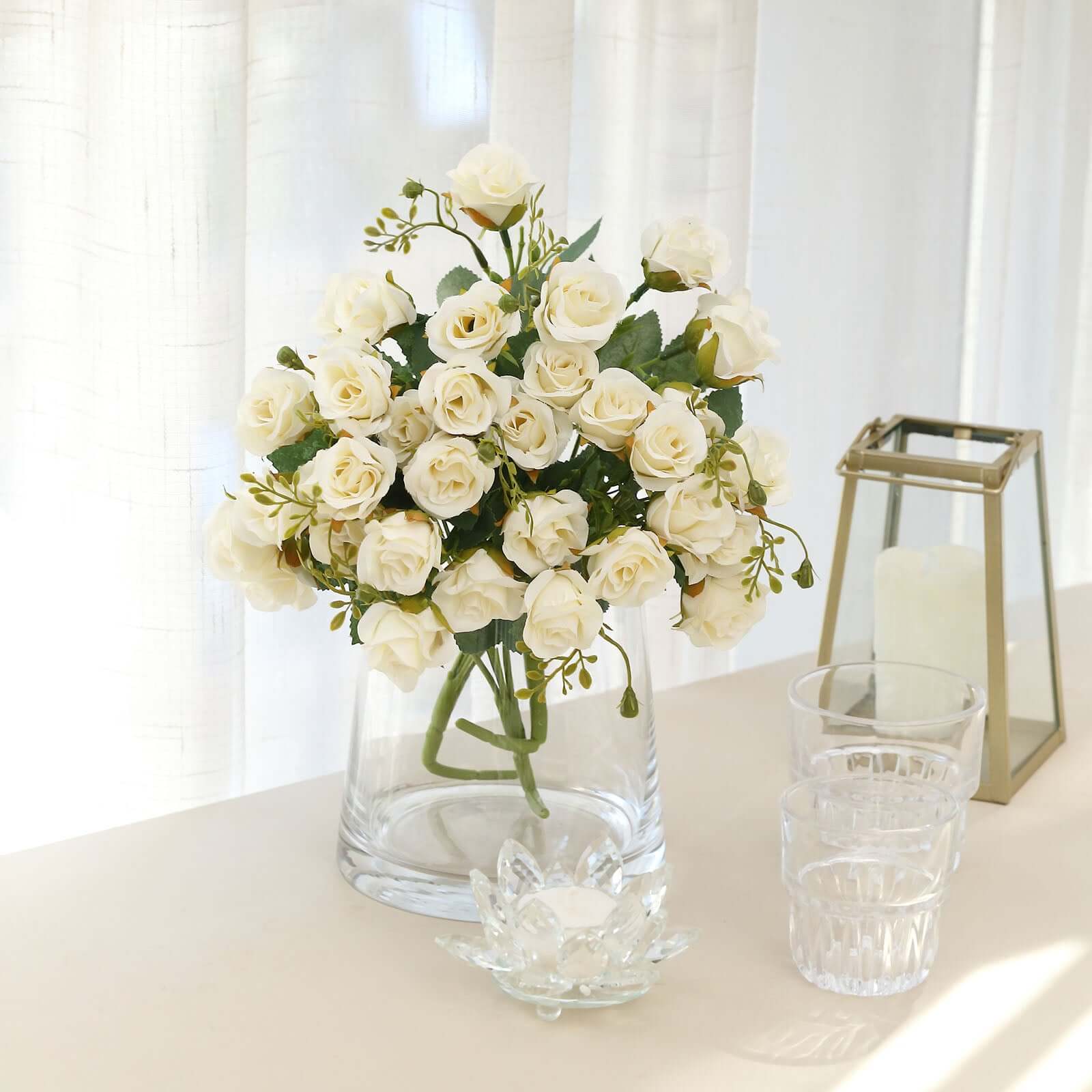 2 Pack 12 Ivory Artificial Open Rose Flower Arrangements, Small Faux Floral Bouquets