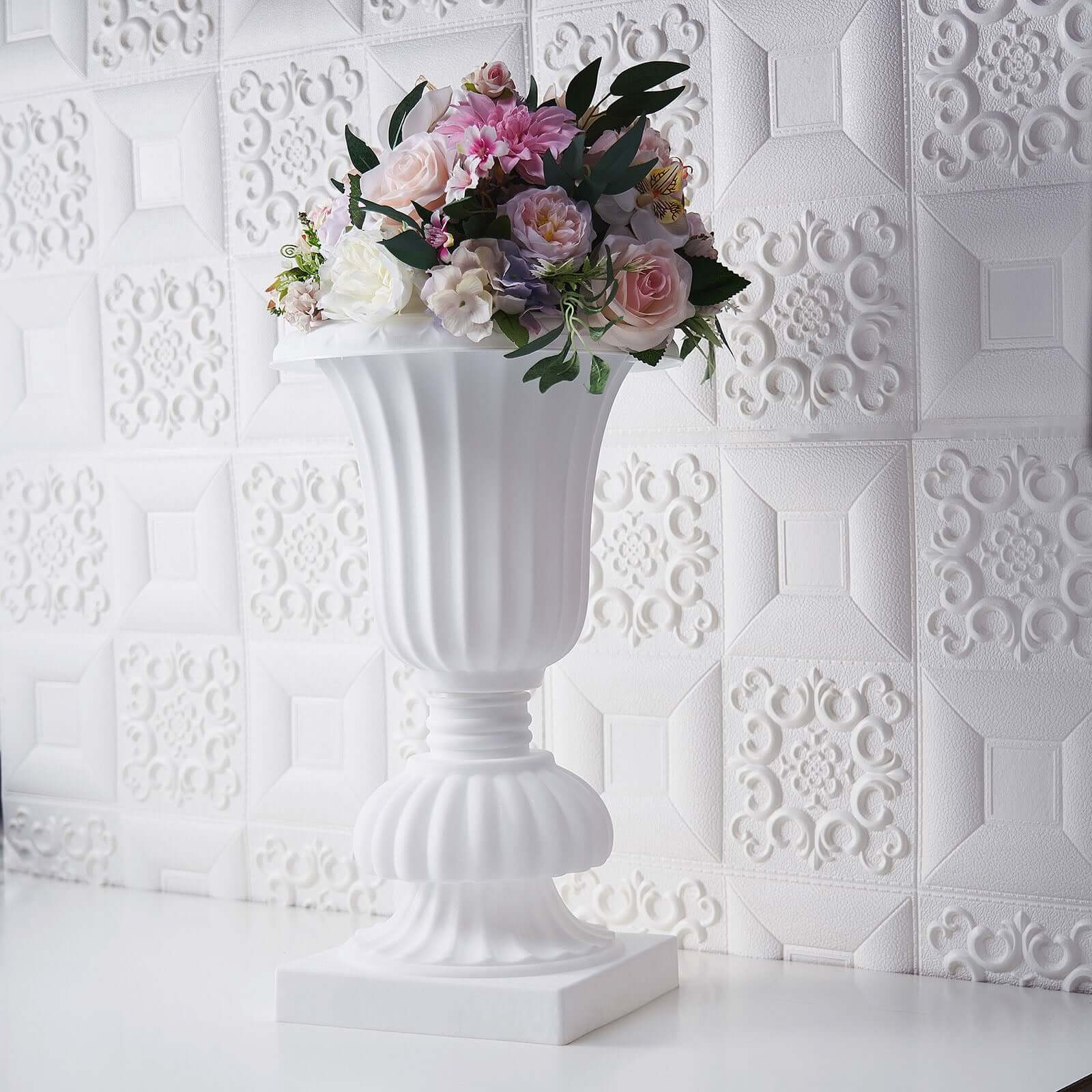 2 Pack 20 White Urn Planter, Floral Pedestal Flower Pot Plant Stand - PVC