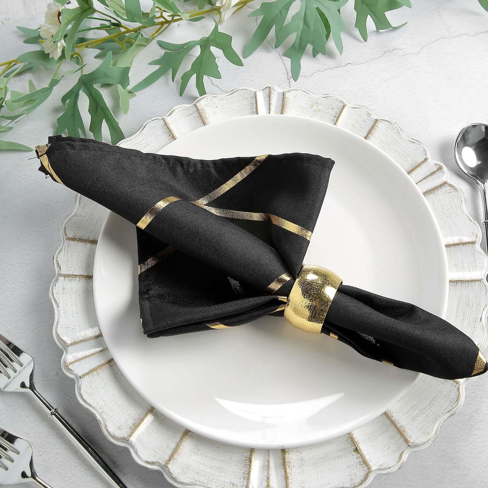 5 Pack Polyester 20x20 Napkins Black with Gold Geometric Foil Pattern - Modern Reusable Dinner Napkins