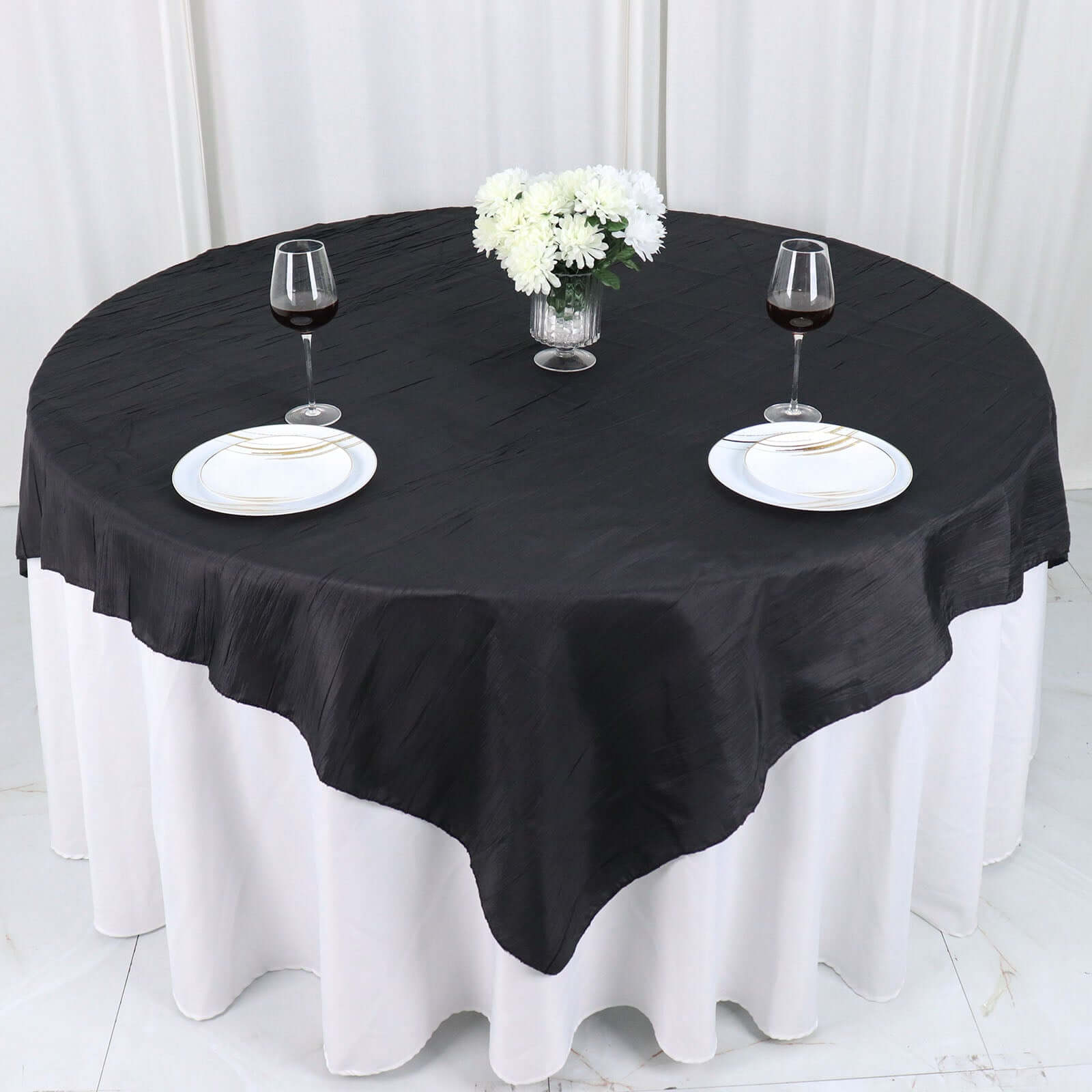 Taffeta 72x72 Table Overlay Square Tablecloth Black - Accordion Crinkle Table Cover