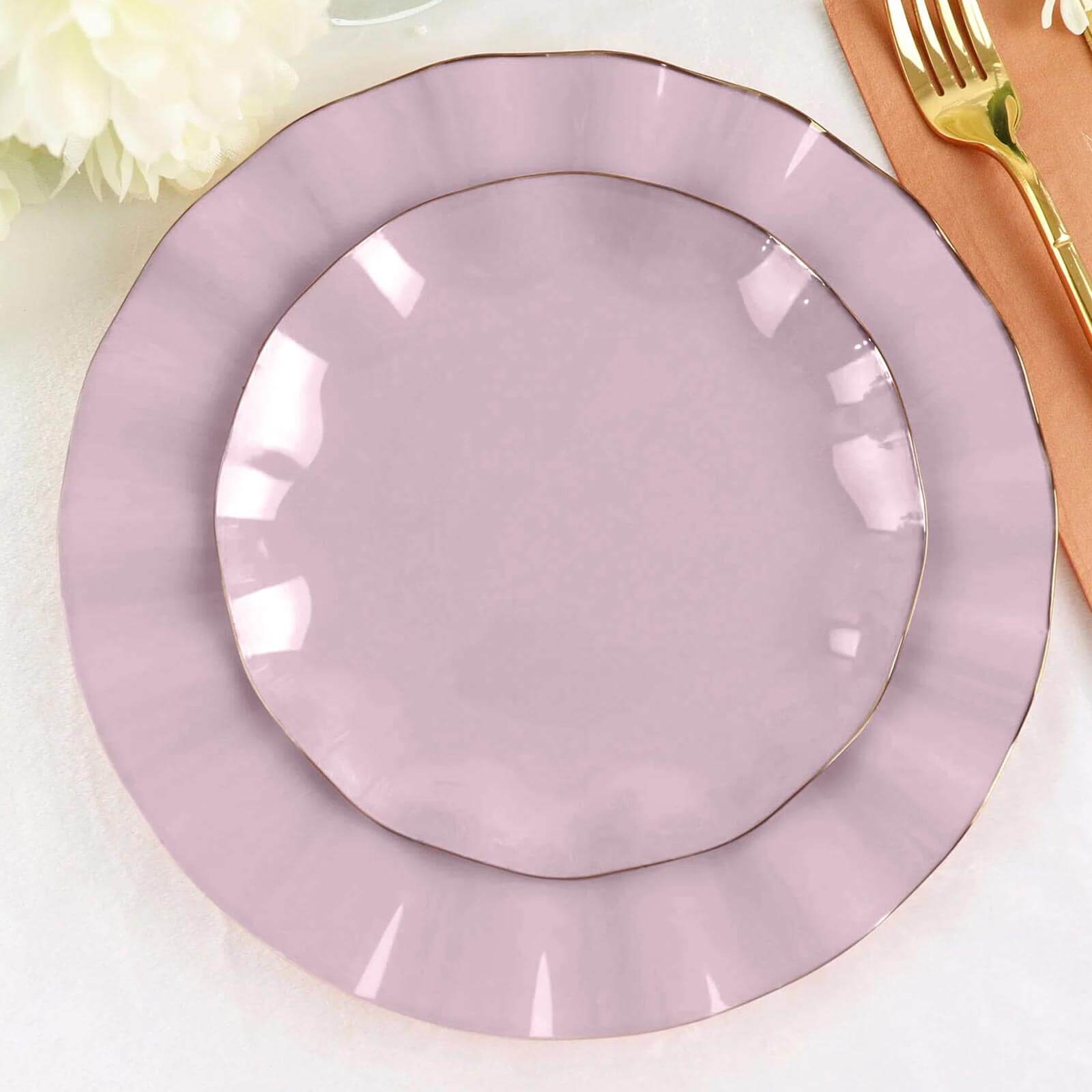 10-Pack Plastic Round 6 Dessert Plates in Lavender Lilac Ruffled Rim with Gold Edging - Sturdy Disposable Salad Appetizer Dinnerware