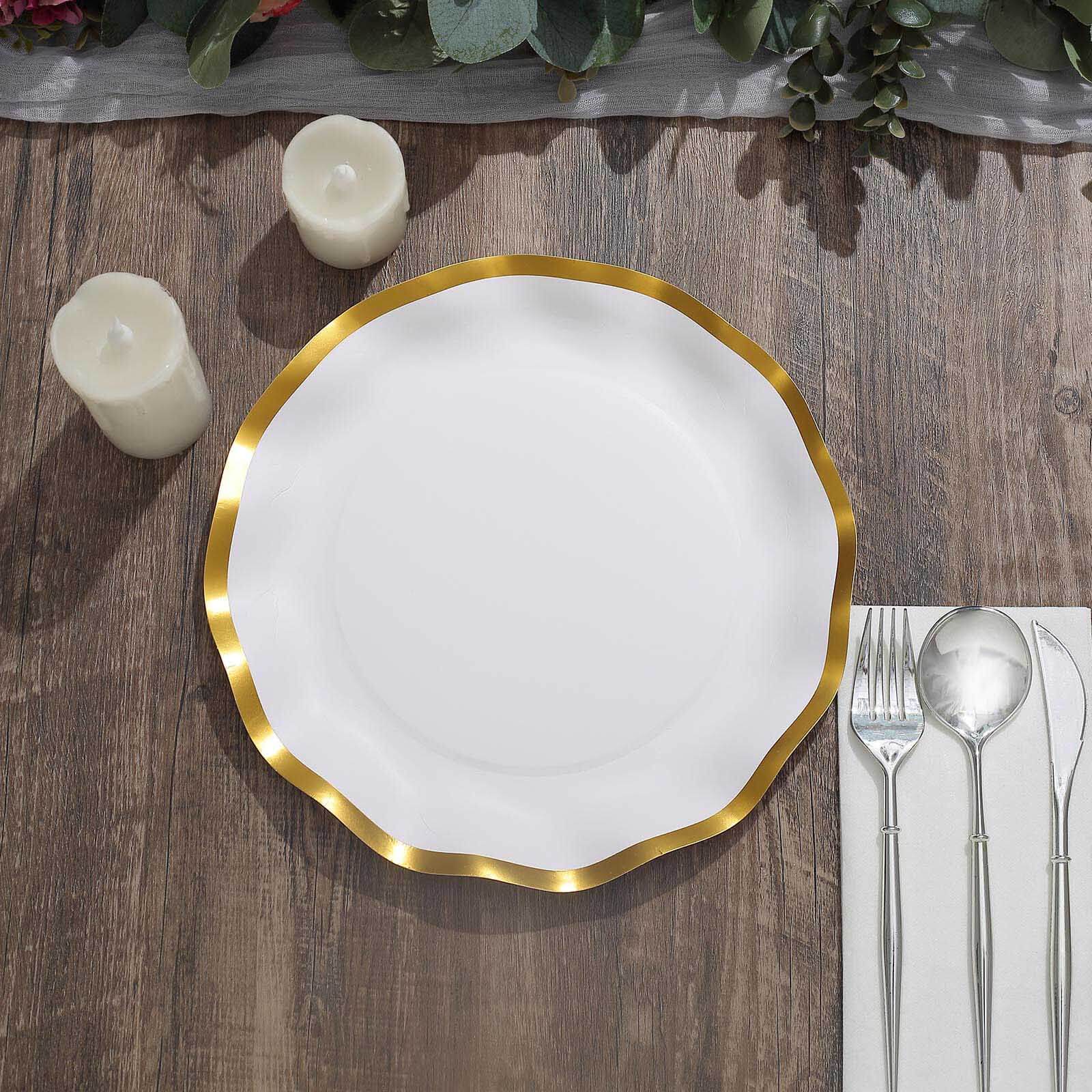 25-Pack Paper Round Dinner Plates 10 Matte White with Gold Wavy Rim - Disposable 350GSM Party Plates for Banquets & Upscale Gatherings