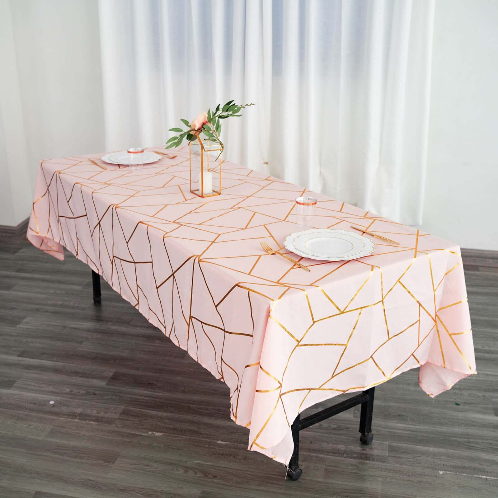 Polyester 60x102 Rectangle Tablecloth Blush with Gold Foil Geometric Pattern - Wrinkle-Resistant & Durable Table Cover