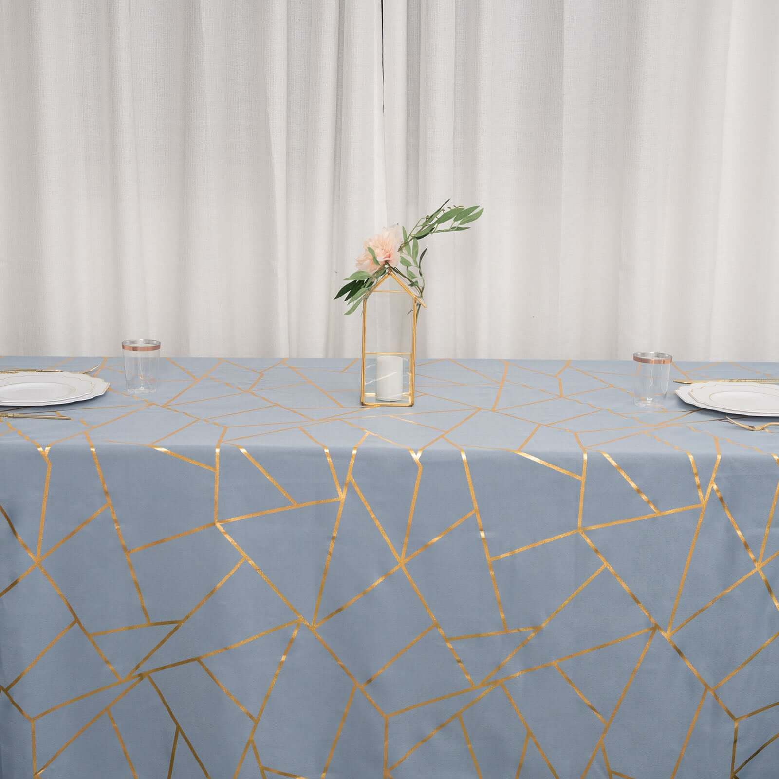 Polyester 60x132 Rectangle Tablecloth Dusty Blue with Gold Foil Geometric Pattern - Wrinkle-Resistant & Durable Table Cover for Weddings & Events