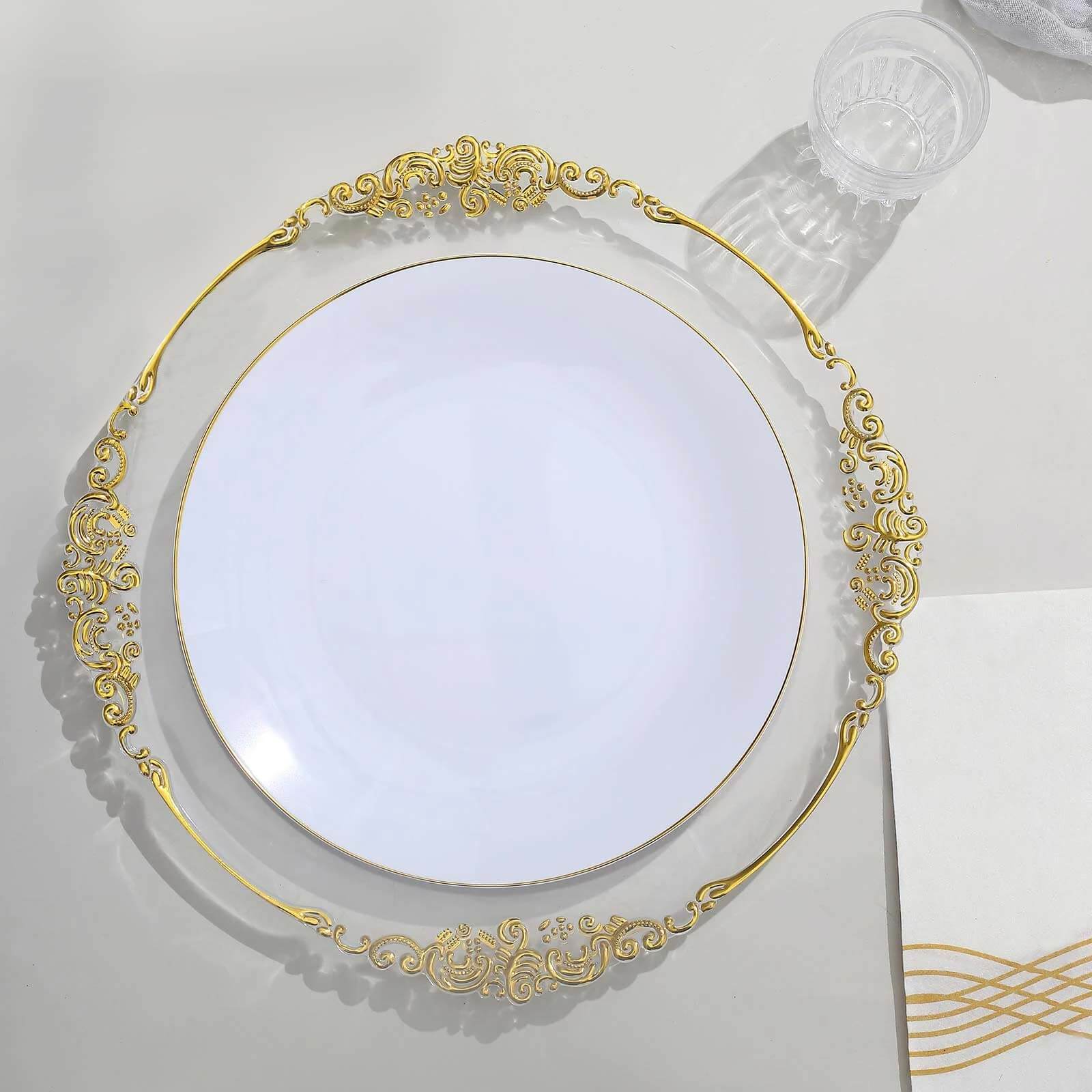 10-Pack Plastic 10 Round Dinner Plates in White with Gold Rim - Glossy Disposable Party Plates for Banquets & Special Occasions