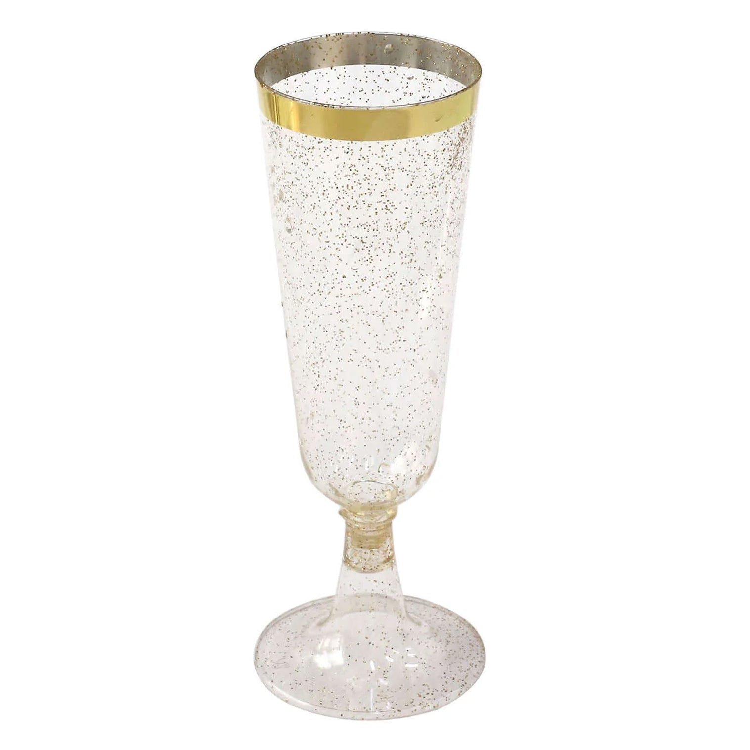 12-Pack Plastic Champagne Flutes Clear Gold Glittered with Gold Rim - Stylish Disposable Cocktail Glasses for Parties 5oz 6