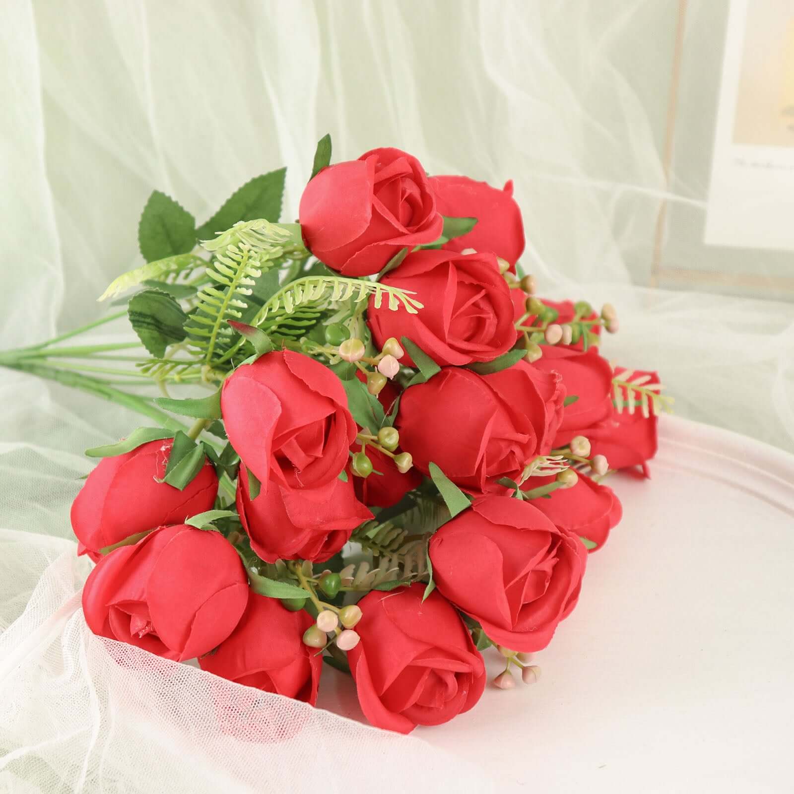 3 Pack 13 Red Real Touch Silk Rose Bud Flower Bridal Bouquets, Artificial Floral Bush Arrangements