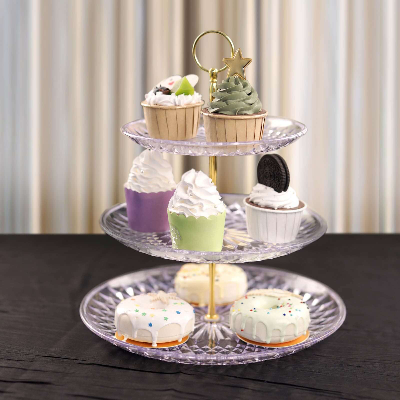 3-Tier Acrylic Cupcake Stand Clear - Sturdy Dessert Serving Tray Platter with Gold Top Handles for Classy Special Occasions & Dessert Buffets 12