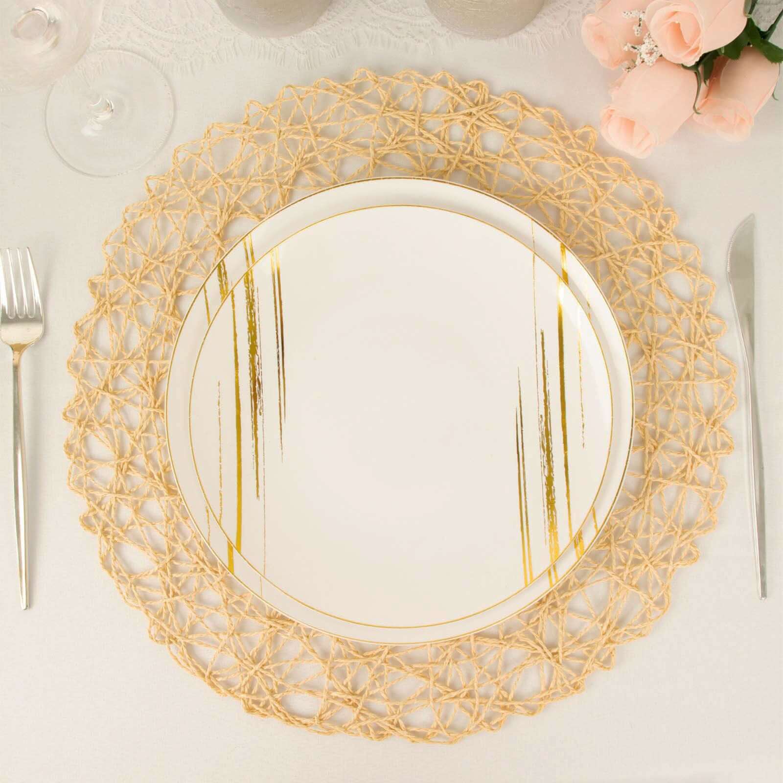 6-Pack Table Placemats Woven Fiber Design Beige Round - Disposable Mats for Dining and Events 15