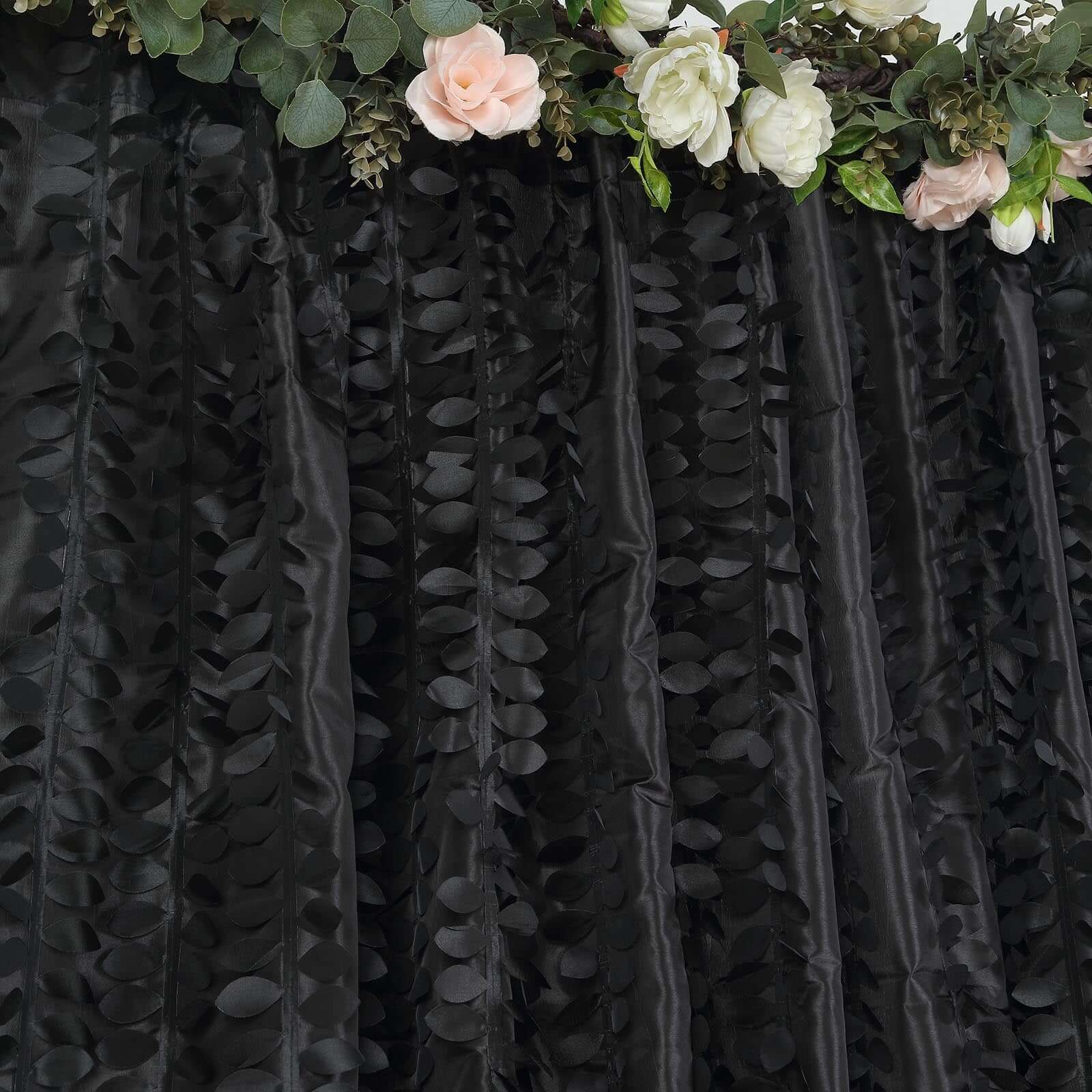 8ftx8ft Black 3D Leaf Petal Taffeta Event Curtain Drapes, Backdrop Event Panel With Rod Pocket