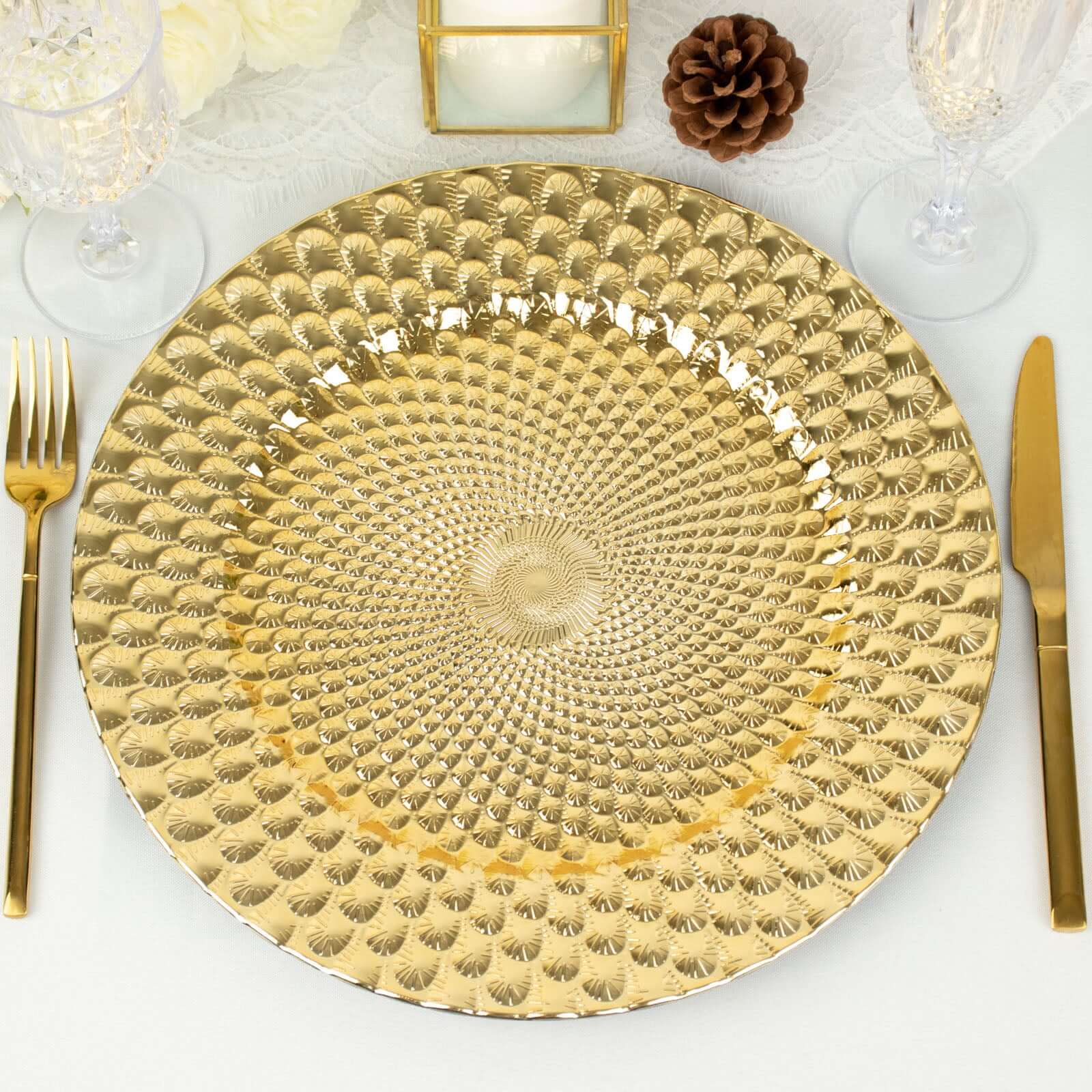 6-Pack Plastic Round Charger Plates 13 in Gold with Peacock Pattern, Exquisite Decorative Dinner Party Charger Tableware