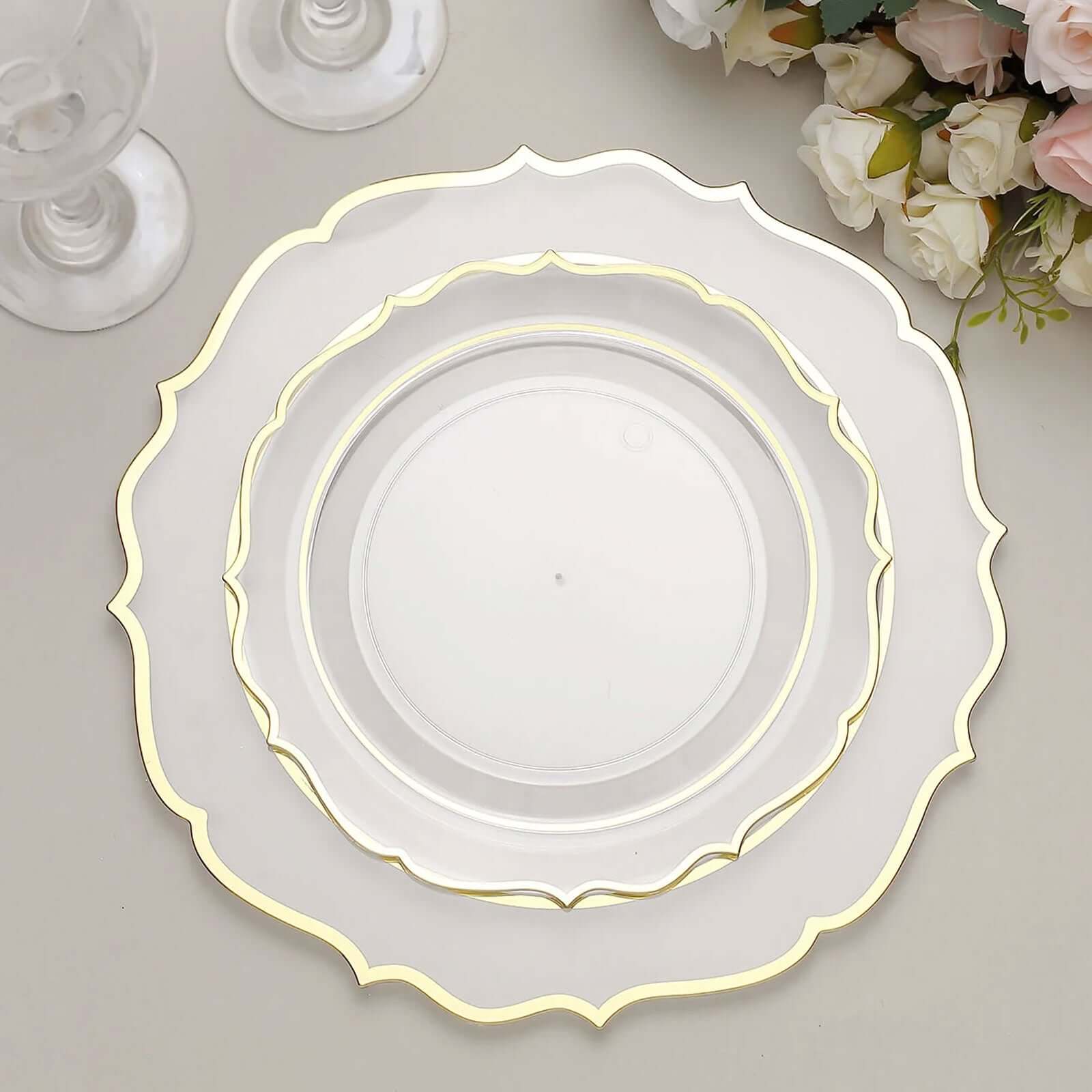 10-Pack Plastic 8 Round Desert Plates in Clear with Gold Scalloped Rim - Disposable Appetizer/Salad Plates