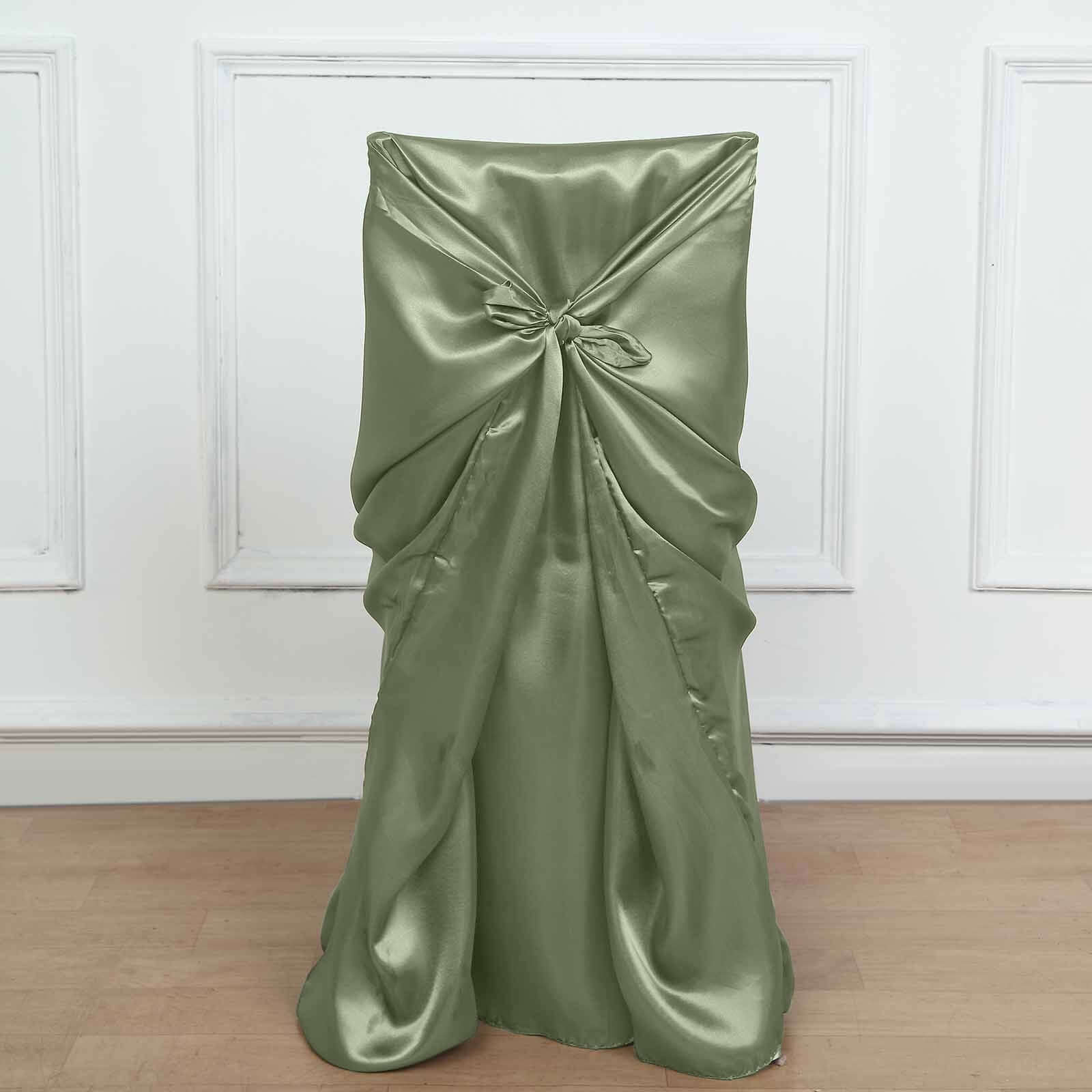 Satin Chair Cover Self-Tie Universal Design Dusty Sage Green - Durable Slip-On Cover for Folding, Dining, Banquet & Standard Chairs