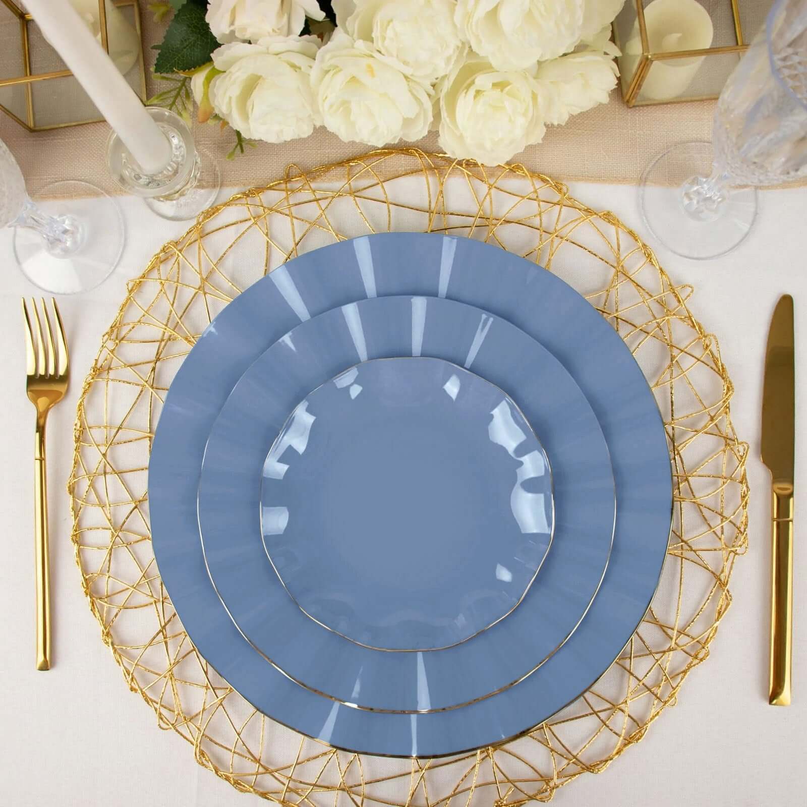 10-Pack Plastic Round 6 Dessert Plates in Ocean Blue Ruffled Rim with Gold Edging - Sturdy Disposable Salad Appetizer Dinnerware