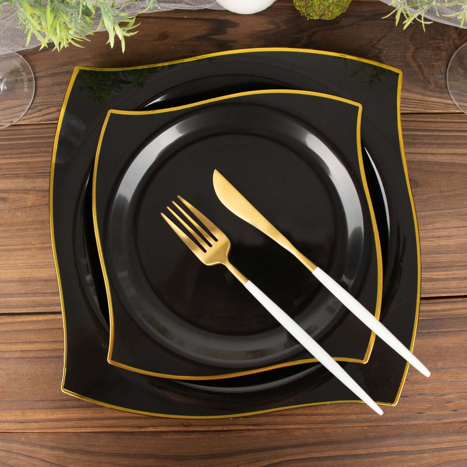 10-Pack Plastic 8 Square Dessert Plates in Black with Gold Wavy Rim Modern - Disposable Salad Appetizer Party Plates