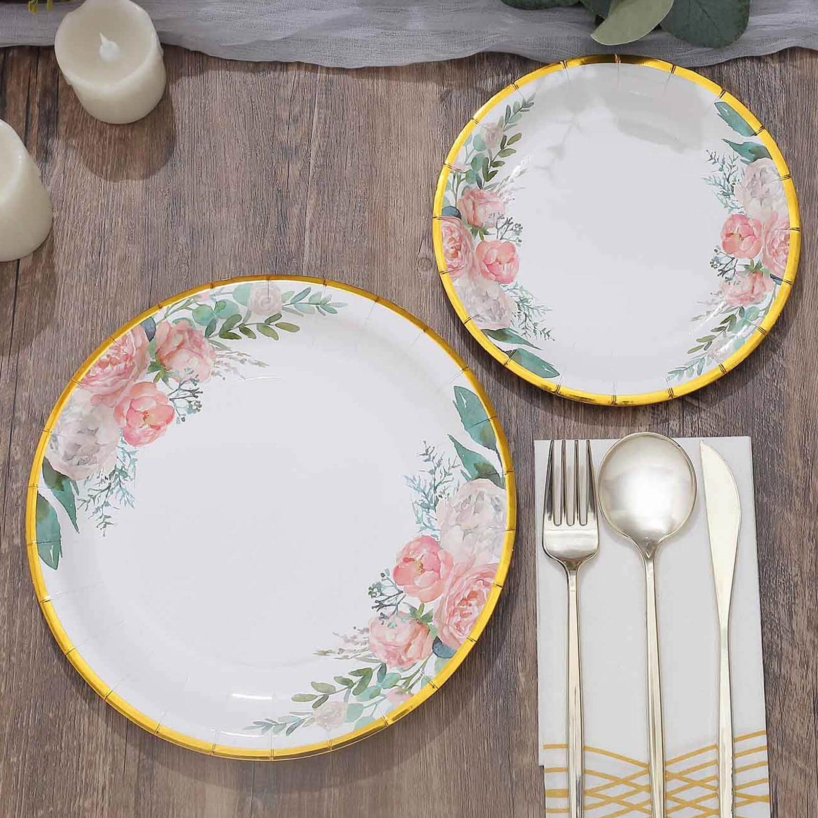 25-Pack Paper 7 Round Dessert Plates in White with Peony Floral Design & Gold Rim - Disposable Floral Salad Appetizer Plates for Brunches & Afternoon Teas