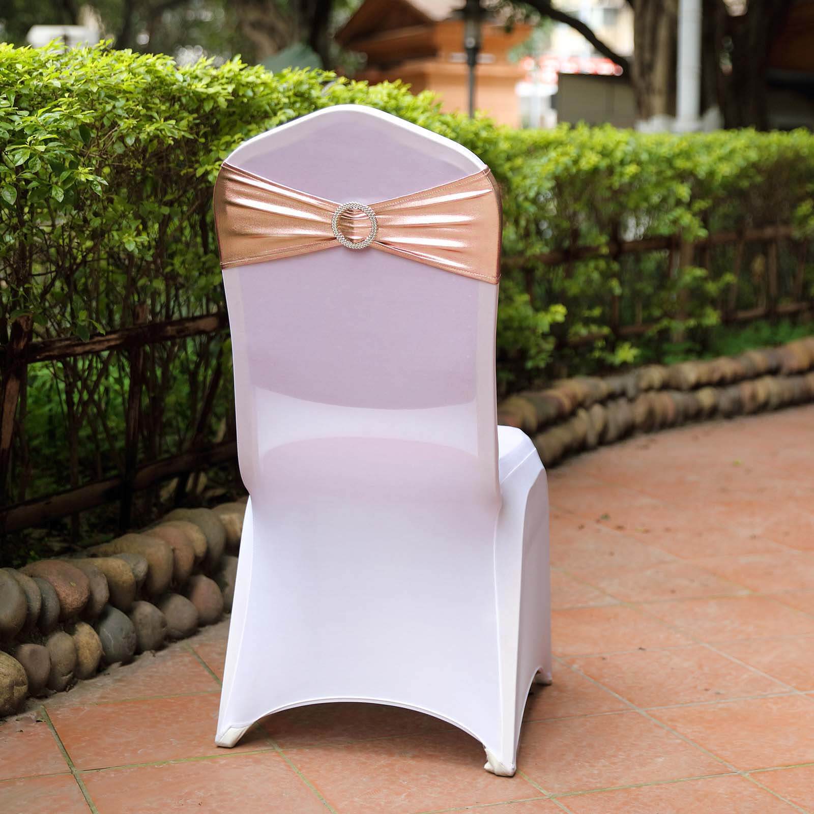 5 Pack Metallic Spandex Chair Sashes Blush - Stretch Fit Chair Bands With Round Diamond Buckles