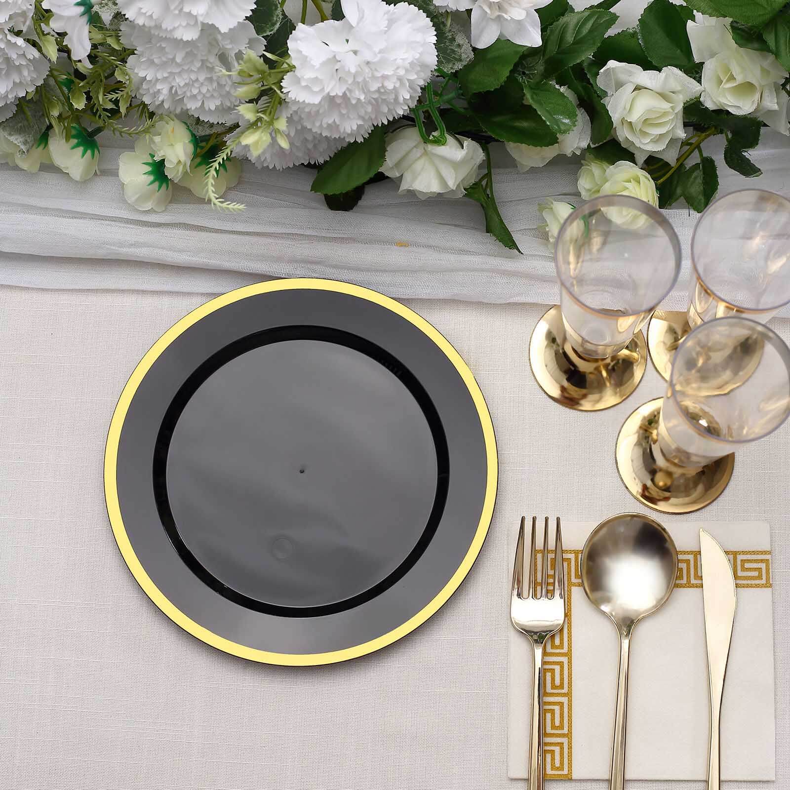 10-Pack Plastic 7 Round Appetizer Plates in Black with Gold Rim - Sleek Disposable Salad Plates for Banquets & Special Occasions