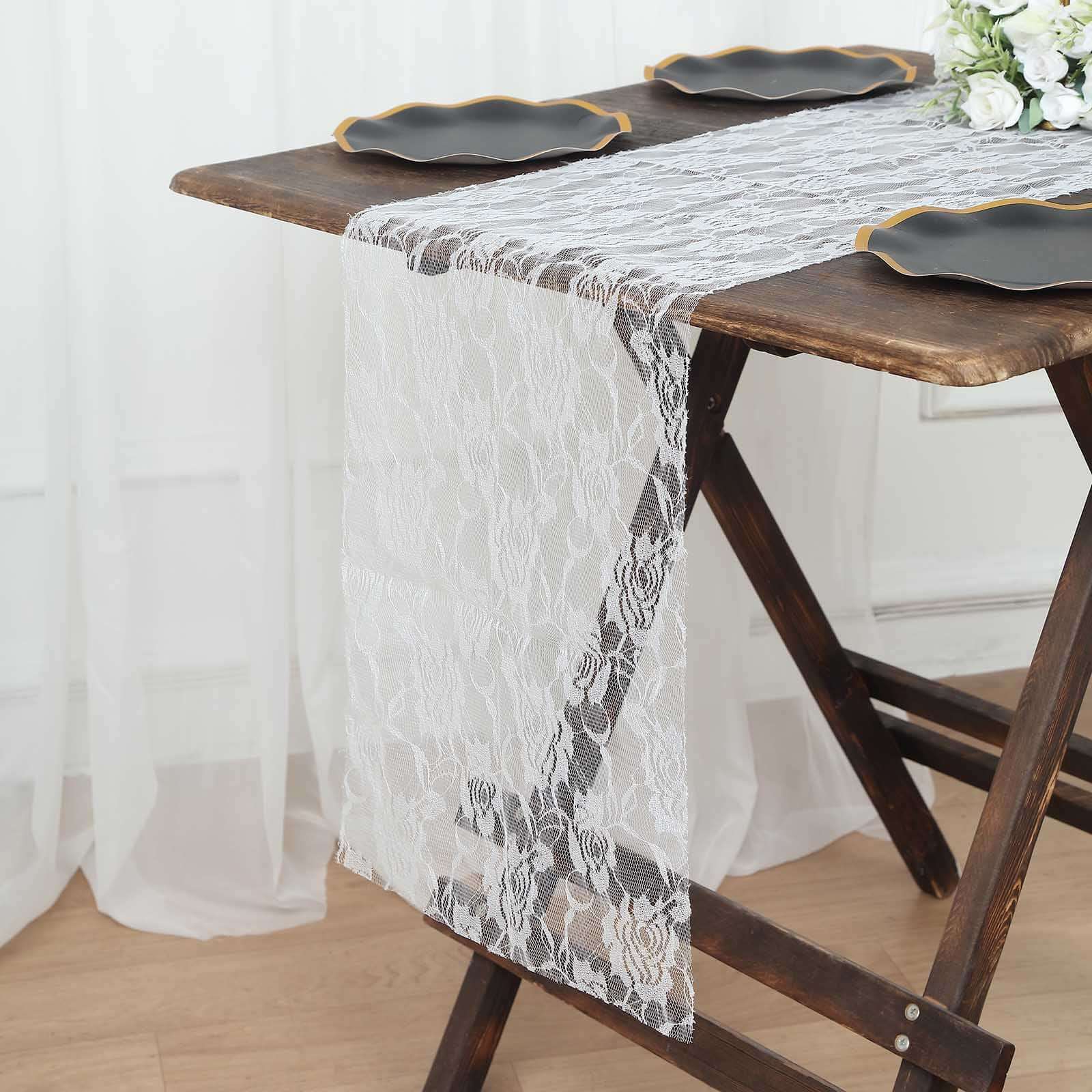 Lace 12x108 Table Runner White with Rose Flower Pattern - Stylish Vintage Table Decor