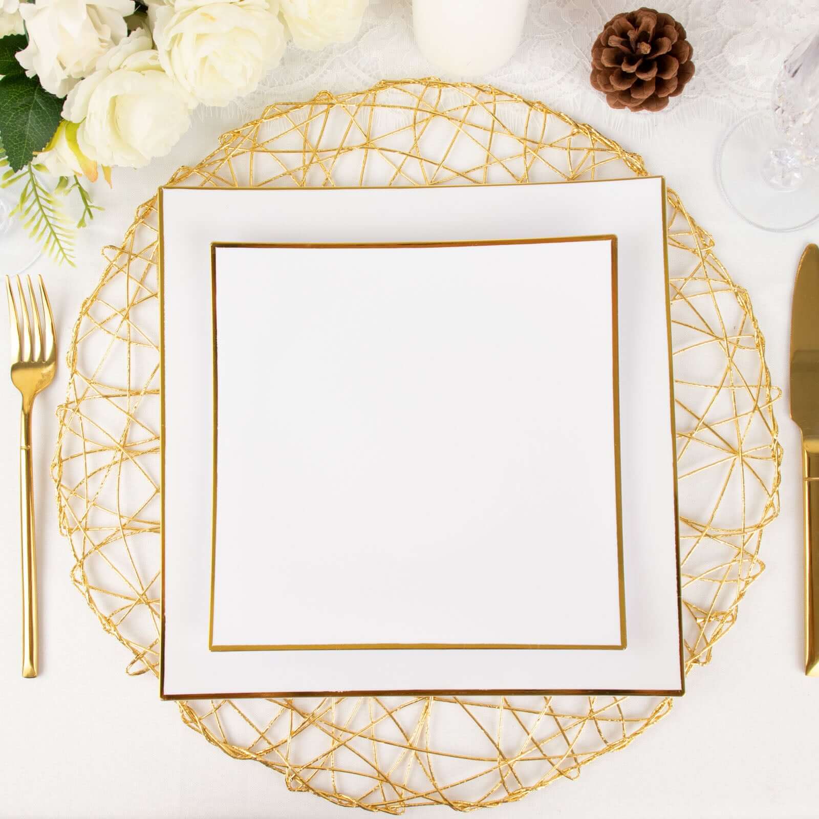 10-Pack Plastic 8 Square Dessert Plates in White Concave Style with Gold Rim - Modern Disposable Salad Appetizer Party Plates for Weddings & Special Events