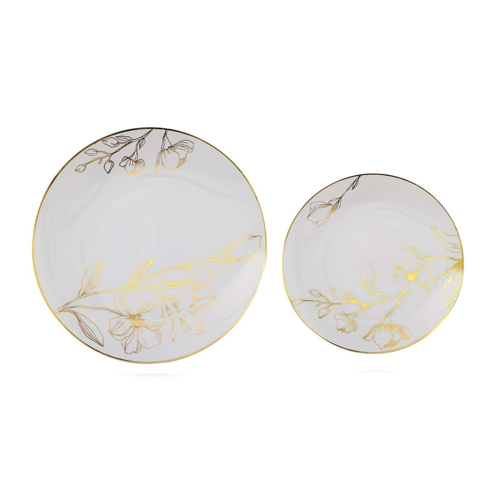 Set of 20 Plastic Round Dinner and Dessert Plates in White with Metallic Gold Floral Design - Stylish Disposable Dinnerware for Banquets & Special Occasions 8, 10