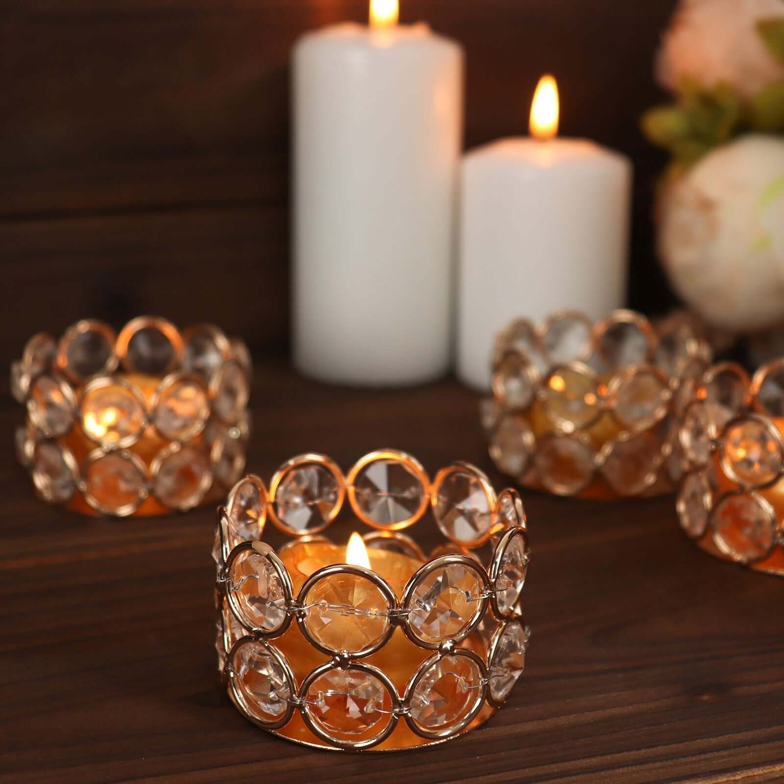 6-Pack Crystal Beaded Tea Light Candle Holders Gold Metal 1.5 - Stylish Votive Candle Stands for Weddings