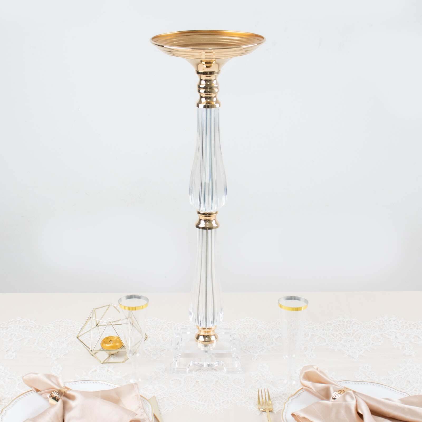 Acrylic Crystal Pillar Candle Stand Gold/Clear - Table Centerpiece and Wedding Flower Bowl Pedestal 24