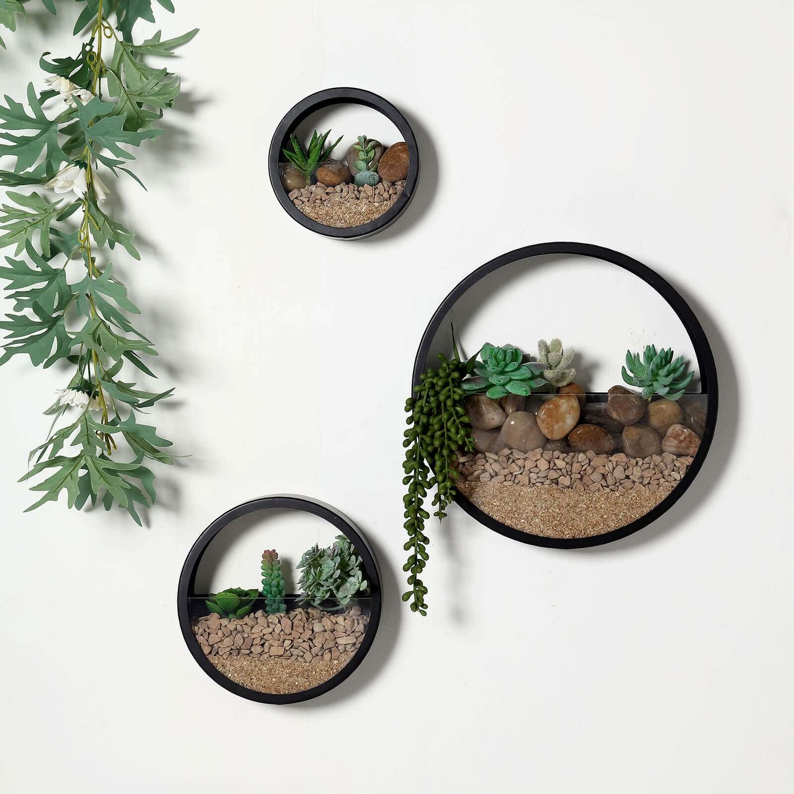 Set of 3 Black Half Moon Wall Planters, Round Metal Wall Hanging Planter, Modern Indoor Outdoor Terrarium - 6,8,12