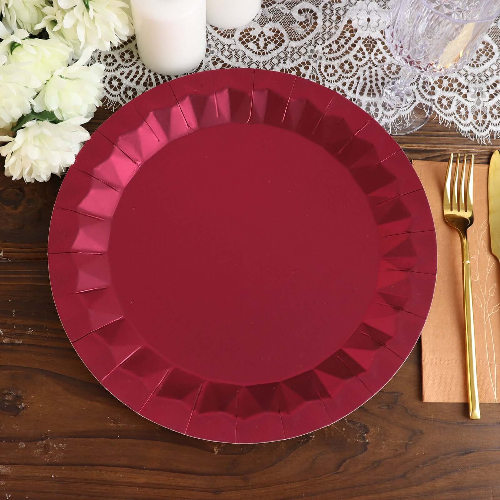 25-Pack Paper 12 Round Charger Plates in Burgundy with Geometric Prism Design - Disposable 400GSM Serving Trays